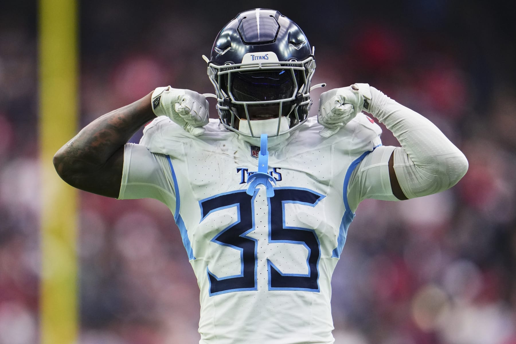 HOUSTON, TX - DECEMBER 31: K'Von Wallace #35 of the Tennessee Titans reacts after a play against the Houston Texans during the second half at NRG Stadium on December 31, 2023 in Houston, Texas. (Photo by Cooper Neill/Getty Images) HOUSTON, TX - DECEMBER 31: K'Von Wallace #35 of the Tennessee Titans reacts after a play against the Houston Texans during the second half at NRG Stadium on December 31, 2023 in Houston, Texas. (Photo by Cooper Neill/Getty Images)