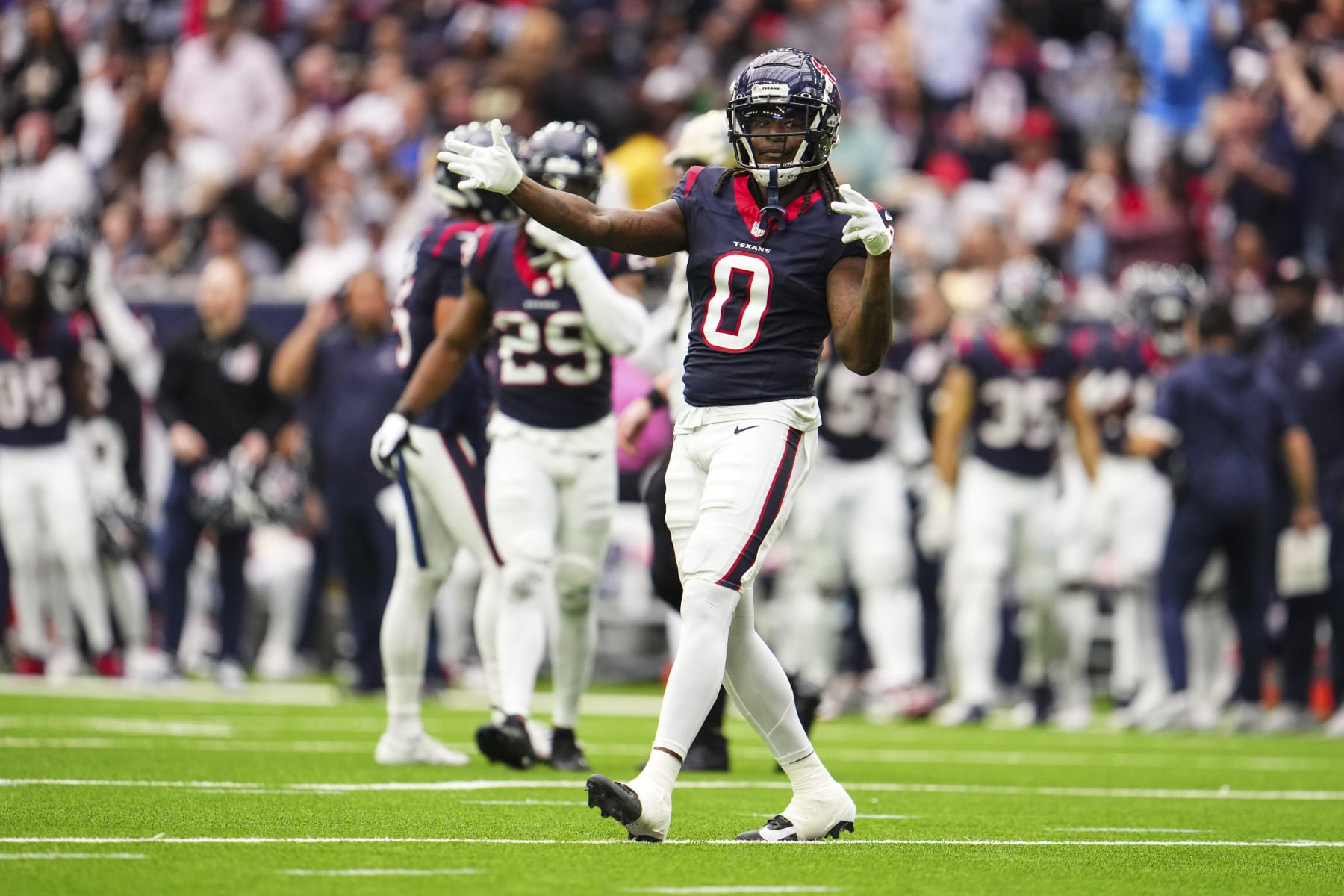 HOUSTON, TX - OCTOBER 15: Shaquill Griffin #0 of the Houston Texans celebrates during an NFL football game against the New Orleans Saints at NRG Stadium on October 15, 2023 in Houston, Texas. (Photo by Cooper Neill/Getty Images) HOUSTON, TX - OCTOBER 15: Shaquill Griffin #0 of the Houston Texans celebrates during an NFL football game against the New Orleans Saints at NRG Stadium on October 15, 2023 in Houston, Texas. (Photo by Cooper Neill/Getty Images)