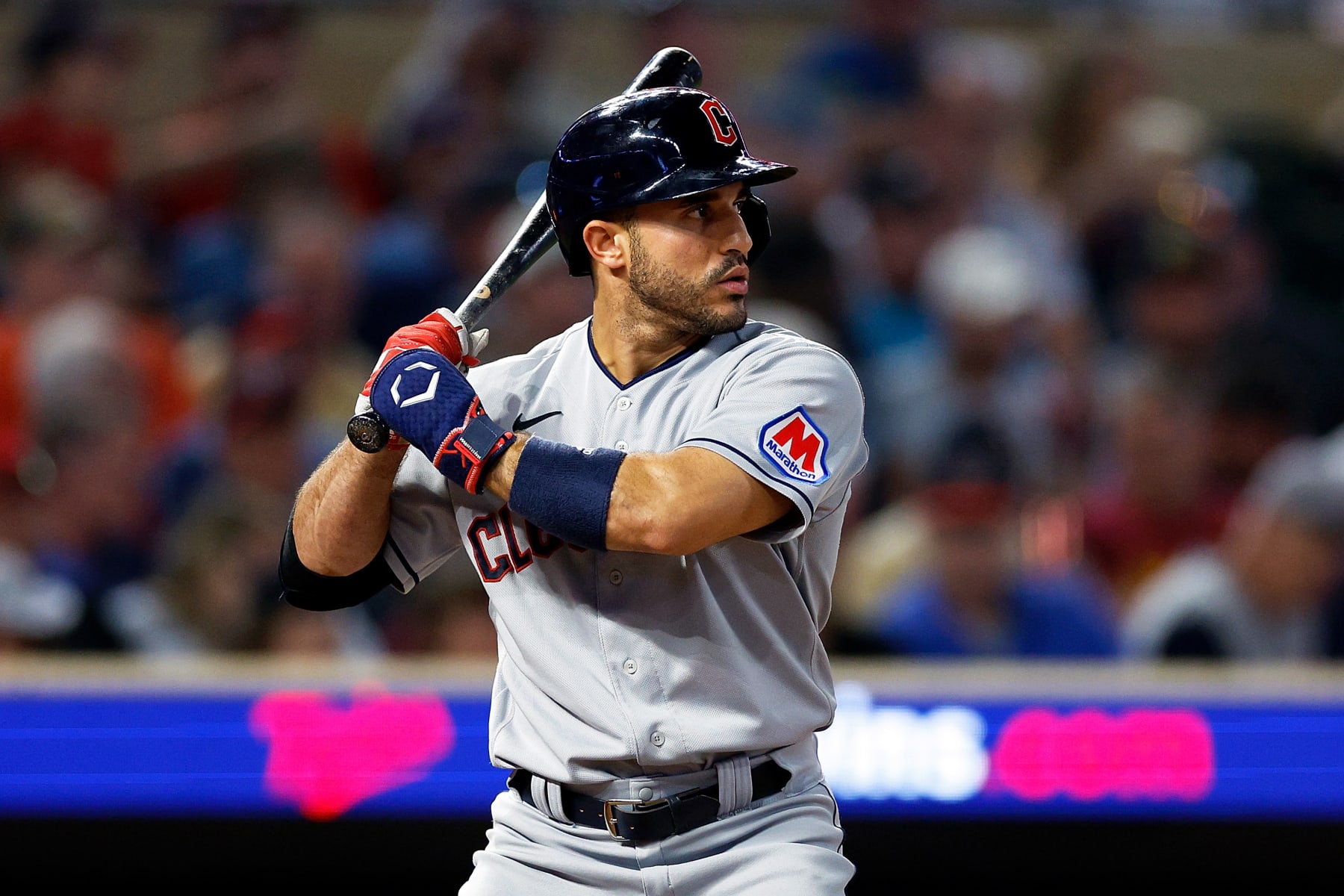 MINNEAPOLIS, MINNESOTA - AUGUST 29: Ramon Laureano #10 of the Cleveland Guardians takes an at-bat against the Minnesota Twins in the seventh inning at Target Field on August 29, 2023 in Minneapolis, Minnesota. The Guardians defeated the Twins 4-2. (Photo by David Berding/Getty Images)