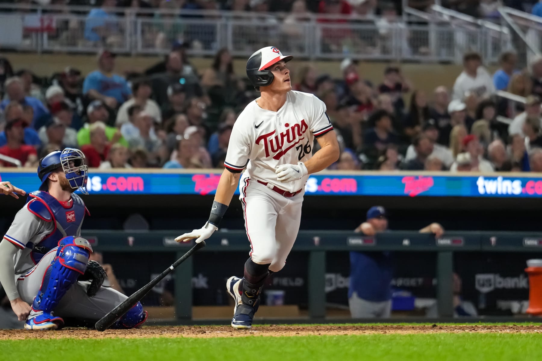 MINNEAPOLIS, MN - AUGUST 25: Max Kepler #26 of the Minnesota Twins bats and hits a home run against the Texas Rangers on August 25, 2023 at Target Field in Minneapolis, Minnesota. (Photo by Brace Hemmelgarn/Minnesota Twins/Getty Images)