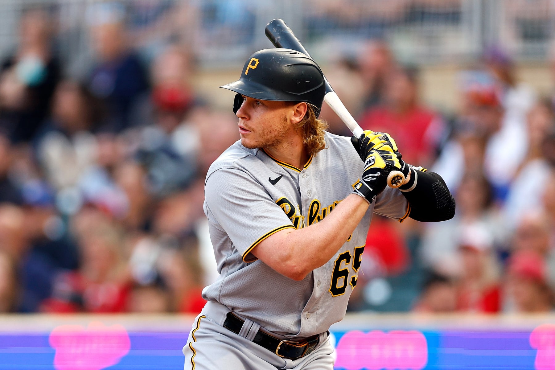 MINNEAPOLIS, MINNESOTA - AUGUST 18: Jack Suwinski #65 of the Pittsburgh Pirates takes an at-bat against the Minnesota Twins in the first inning at Target Field on August 18, 2023 in Minneapolis, Minnesota. The Twins defeated the Pirates 5-1. (Photo by David Berding/Getty Images)