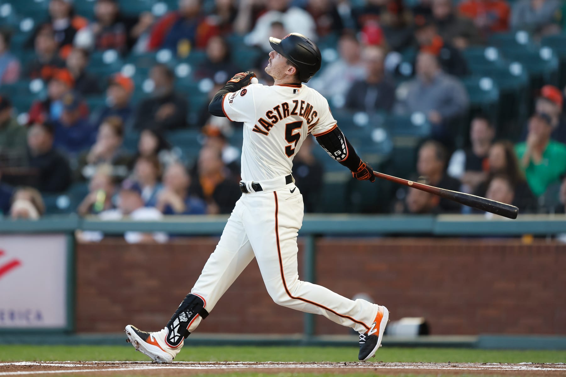 SAN FRANCISCO, CALIFORNIA - SEPTEMBER 11: Mike Yastrzemski #5 of the San Francisco Giants hits a home run against the Cleveland Guardians at Oracle Park on September 11, 2023 in San Francisco, California. (Photo by Lachlan Cunningham/Getty Images)