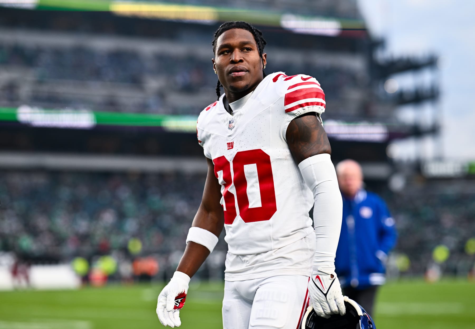 PHILADELPHIA, PA - DECEMBER 25: New York Giants Cornerback Darnay Holmes (30) looks on before the game between the New York Giants and Philadelphia Eagles on December 25, 2023 at Lincoln Financial Field in Philadelphia, PA. (Photo by Kyle Ross/Icon Sportswire via Getty Images) PHILADELPHIA, PA - DECEMBER 25: New York Giants Cornerback Darnay Holmes (30) looks on before the game between the New York Giants and Philadelphia Eagles on December 25, 2023 at Lincoln Financial Field in Philadelphia, PA. (Photo by Kyle Ross/Icon Sportswire via Getty Images)