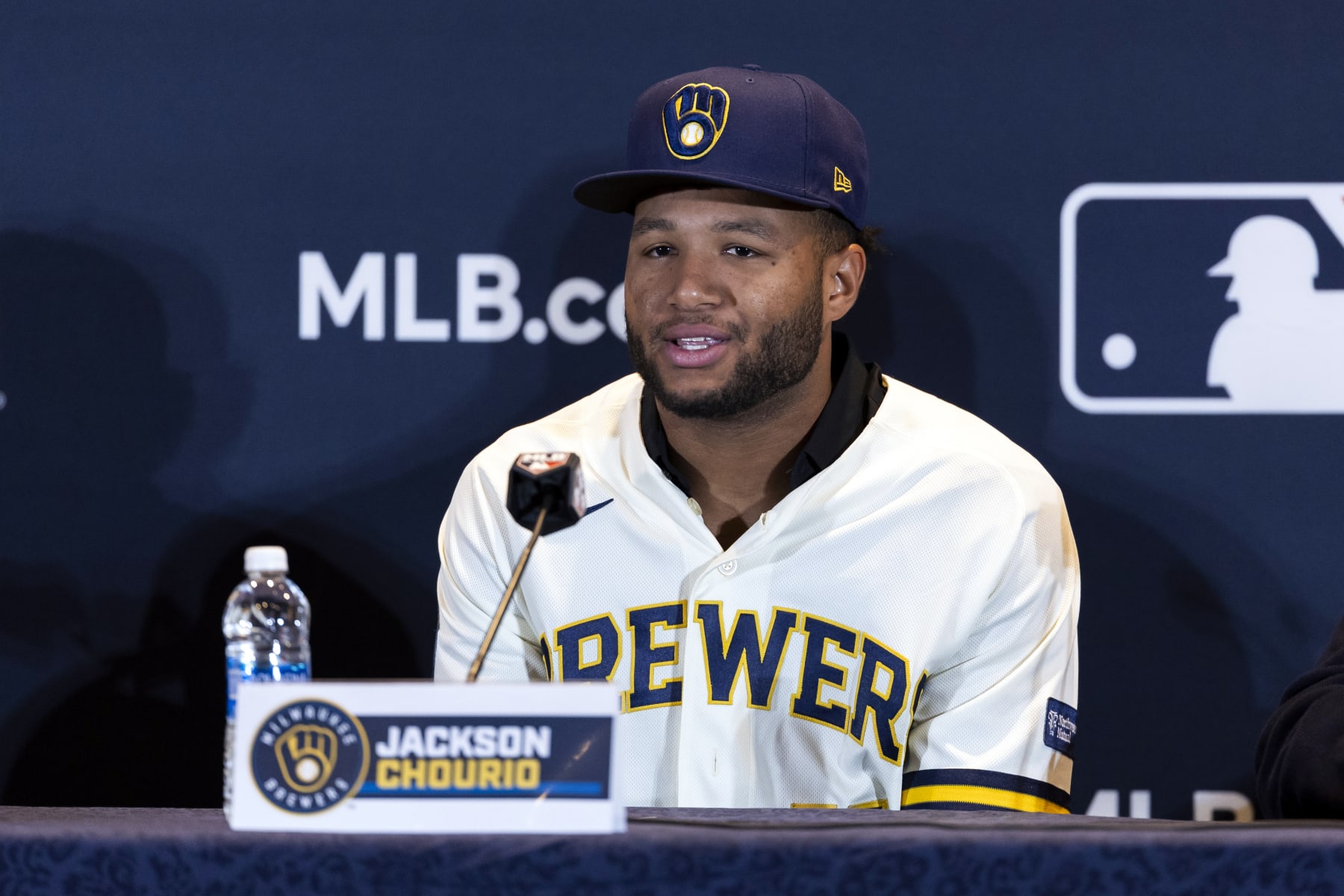 NASHVILE, TN - DECEMBER 04: Jackson Churio talks to media durin the press conference announcing his long term contract at the Gaylord Opryland Resort & Convention Center on Monday, December 4, 2023 in Nashvile, Tennessee. (Photo by Casey Gower/MLB Photos via Getty Images)