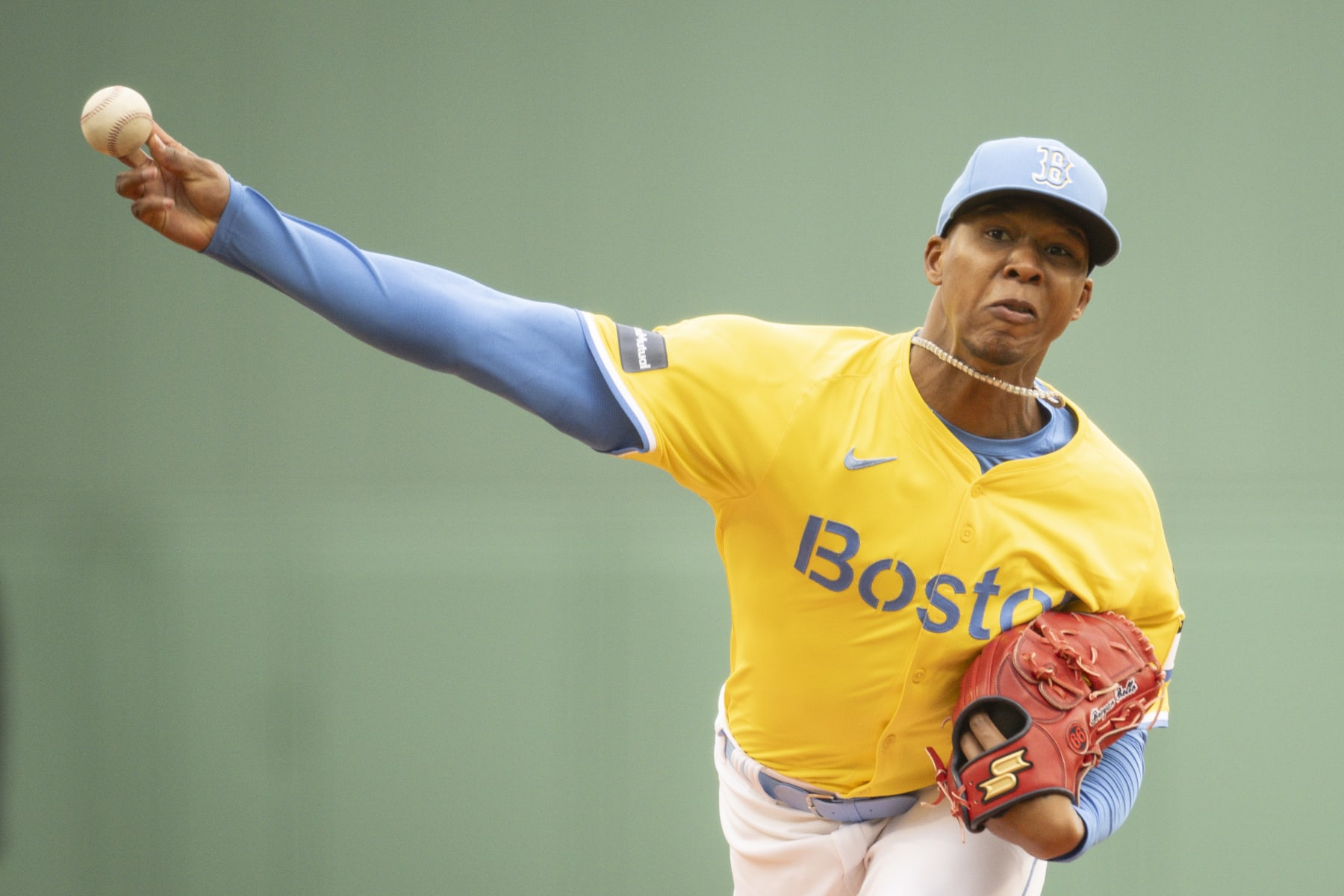 BOSTON, MA - APRIL 14: Brayan Bello #66 of the Boston Red Sox pitches during the first inning of a game against the Los Angeles Angels  on April 14, 2024 at Fenway Park in Boston, Massachusetts. (Photo by Maddie Malhotra/Boston Red Sox/Getty Images)