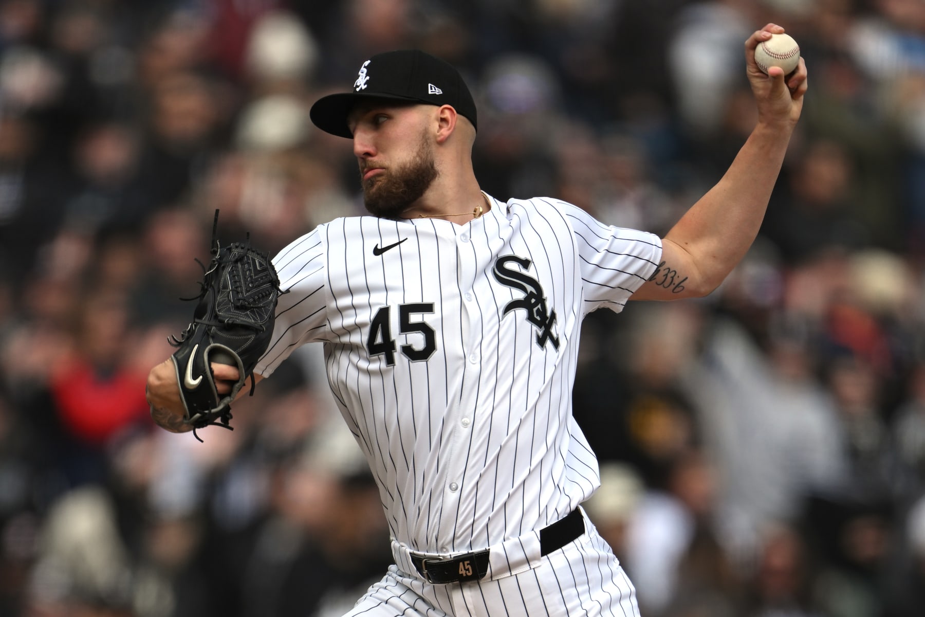 CHICAGO, ILLINOIS - MARCH 28: Garrett Crochet #45 of the Chicago White Sox throws in the first inning of the Opening Day game against the Detroit Tigers at Guaranteed Rate Field on March 28, 2024 in Chicago, Illinois. (Photo by Quinn Harris/Getty Images)