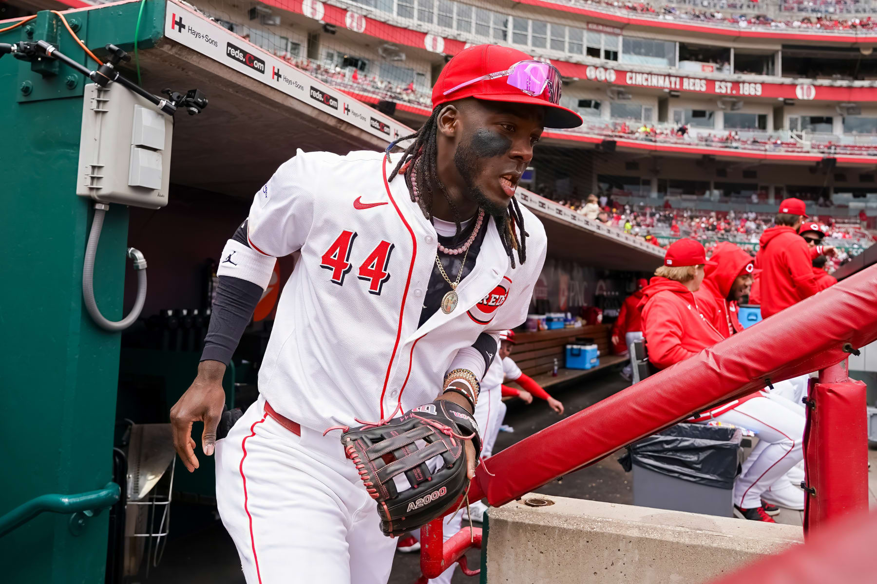 CINCINNATI, OHIO - APRIL 21: Elly De La Cruz #44 of the Cincinnati Reds takes the field before the game against the Los Angeles Angels at Great American Ball Park on April 21, 2024 in Cincinnati, Ohio. (Photo by Dylan Buell/Getty Images)