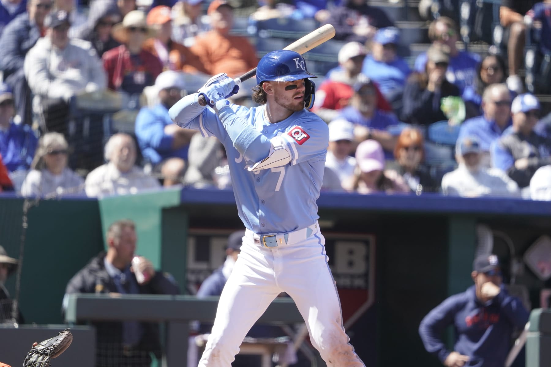 KANSAS CITY, MISSOURI - APRIL 11:  Bobby Witt Jr. #7 of the Kansas City Royals bats against the Houston Astros at Kauffman Stadium on April 11, 2024 in Kansas City, Missouri. (Photo by Ed Zurga/Getty Images)