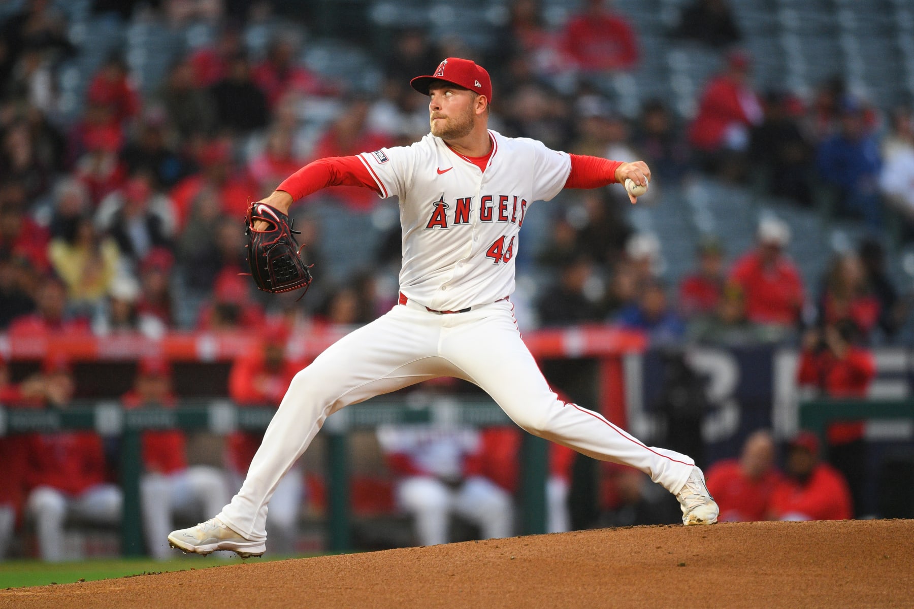 ANAHEIM, CA - APRIL 22: Los Angeles Angels Pitcher Reid Detmers (48) throws a pitch during the MLB game between the Baltimore Orioles and the Los Angeles Angels of Anaheim on April 22, 2024 at Angel Stadium of Anaheim in Anaheim, CA. (Photo by Brian Rothmuller/Icon Sportswire via Getty Images)