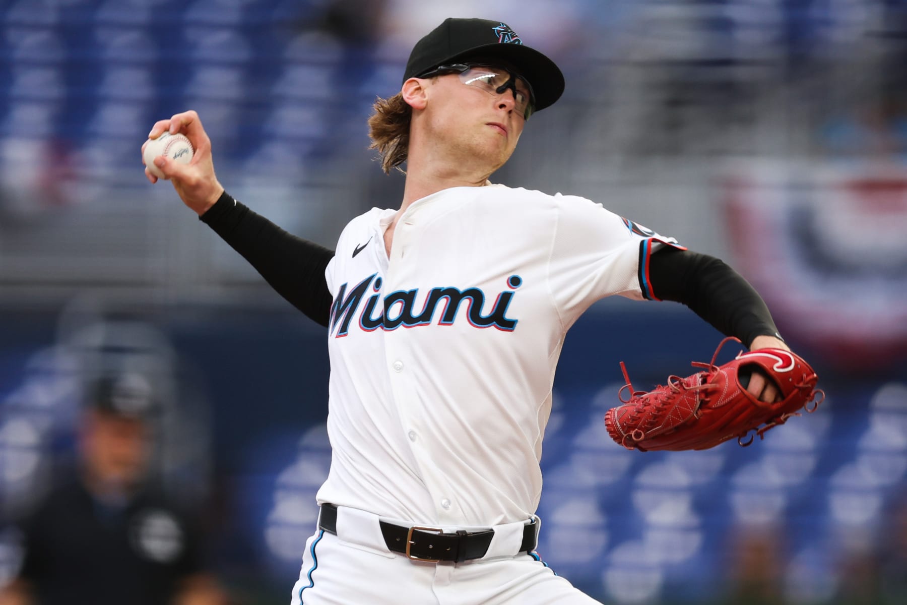 MIAMI, FLORIDA - APRIL 01: Max Meyer #23 of the Miami Marlins delivers a pitch against the Los Angeles Angels during the first inning of the game at loanDepot park on April 01, 2024 in Miami, Florida. (Photo by Megan Briggs/Getty Images)