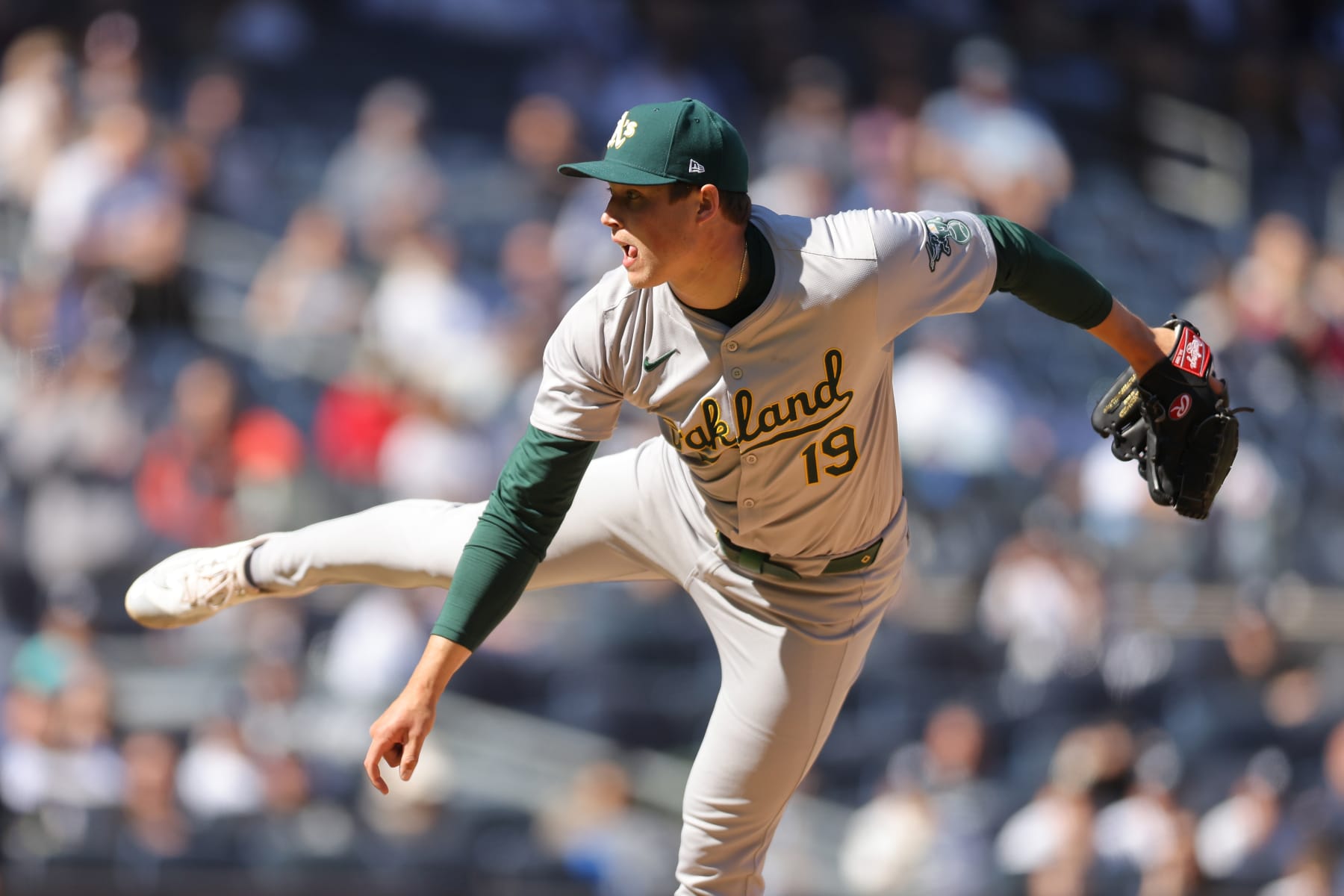 NEW YORK, NEW YORK - APRIL 22: Mason Miller #19 of the Oakland Athletics in action against the New York Yankees at Yankee Stadium on April 22, 2024 in New York City. Oakland Athletics defeated the New York Yankees 2-0. (Photo by Mike Stobe/Getty Images)