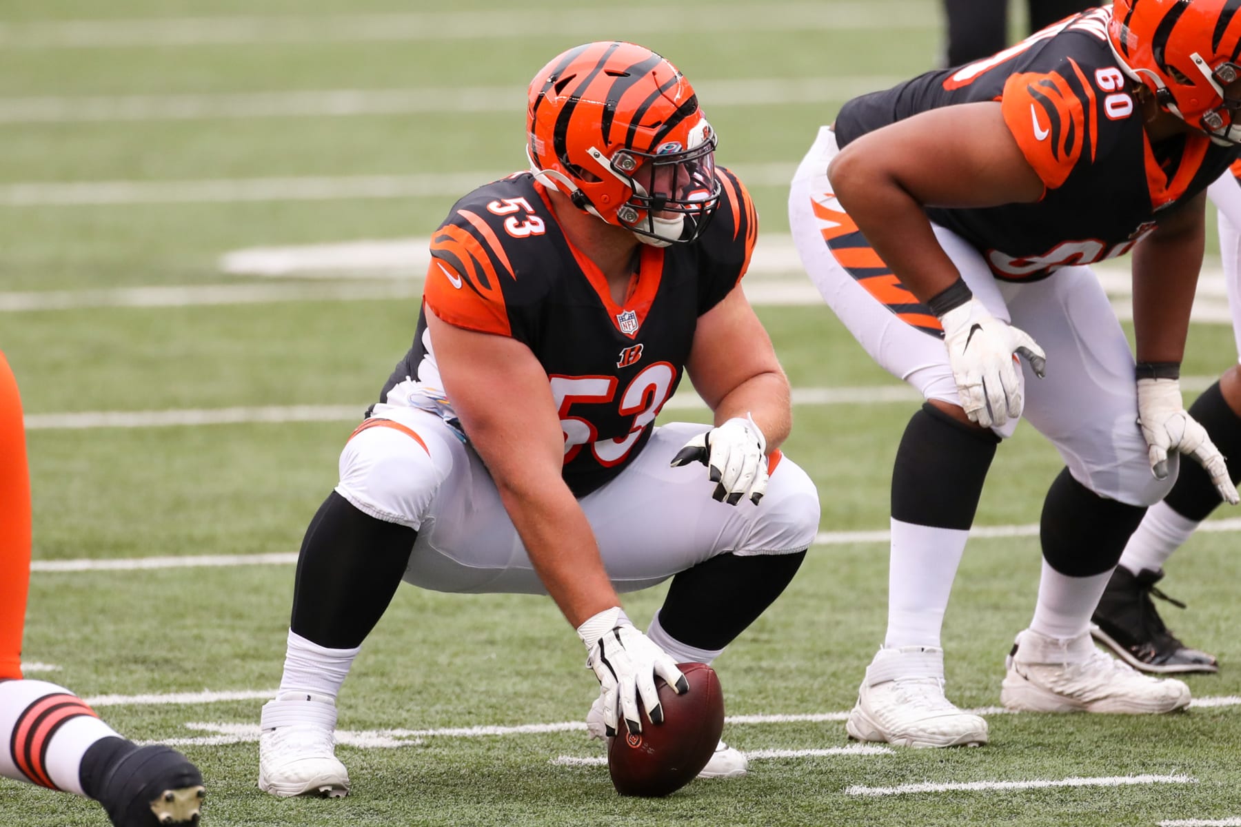 CINCINNATI, OH - OCTOBER 25: Cincinnati Bengals center Billy Price (53) in action during the game against the Cleveland Browns and the Cincinnati Bengals on October 25, 2020, at Paul Brown Stadium in Cincinnati, OH. (Photo by Ian Johnson/Icon Sportswire via Getty Images)