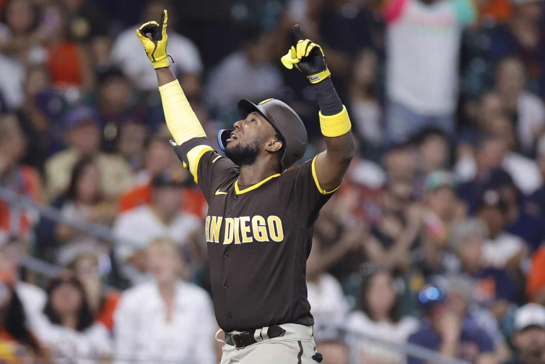 HOUSTON, TEXAS - SEPTEMBER 09: Jurickson Profar #10 of the San Diego Padres reacts after hitting a two run home run during the fourth inning against the Houston Astros at Minute Maid Park on September 09, 2023 in Houston, Texas. (Photo by Carmen Mandato/Getty Images)