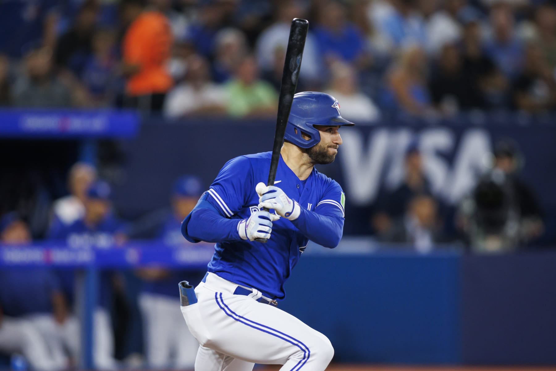 TORONTO, CANADA - AUGUST 1: Kevin Kiermaier #39 of the Toronto Blue Jays at bat during their MLB game against the Baltimore Orioles at Rogers Centre on August 1, 2023 in Toronto, Canada. (Photo by Cole Burston/Getty Images)
