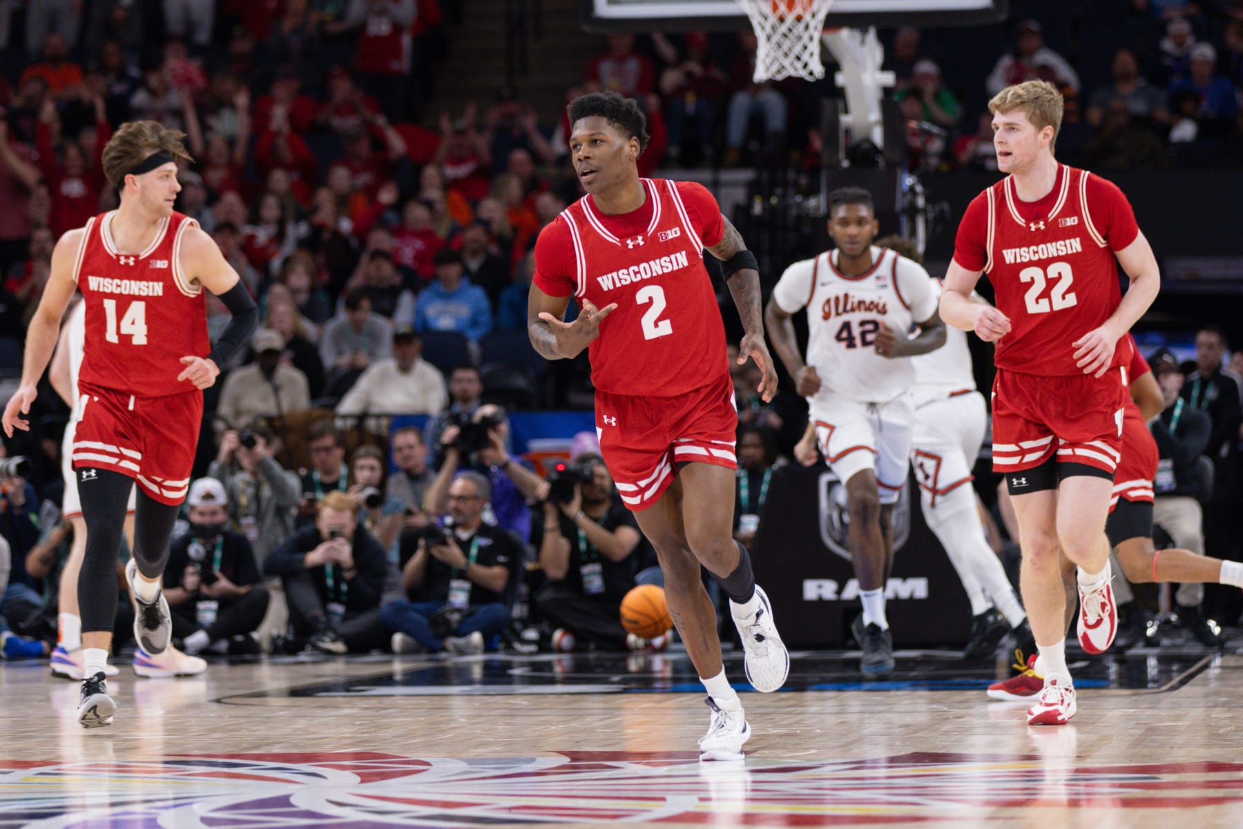 MINNEAPOLIS, MN - MARCH 17: Wisconsin Badgers guard AJ Storr (2) celebrates scoring during the first half of the Big Ten Men's Basketball Tournament championship game between the Wisconsin Badgers and Illinois Fighting Illini on March 17, 2024, at the the Target Center in Minneapolis, MN. (Photo by Bailey Hillesheim/Icon Sportswire via Getty Images)