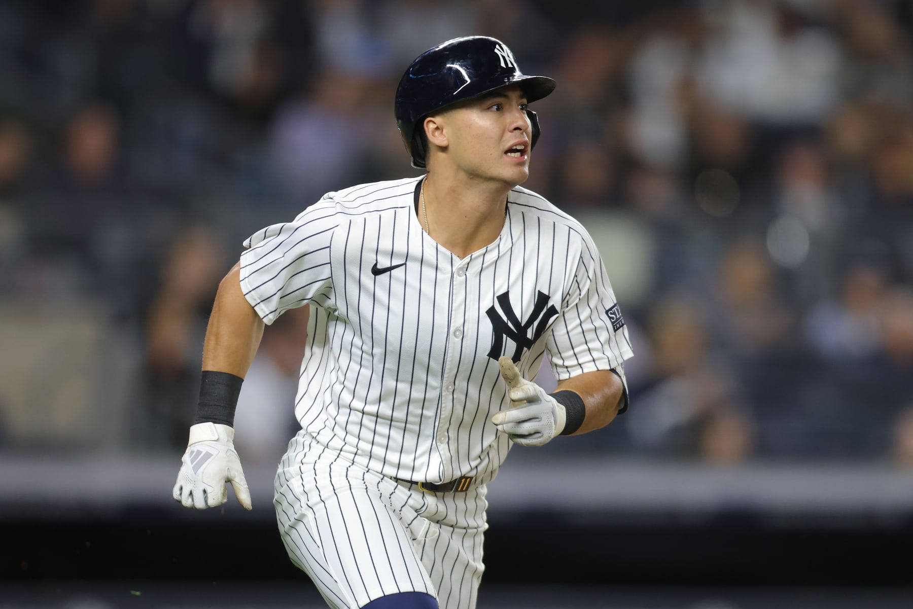 NEW YORK, NEW YORK - APRIL 24: Anthony Volpe #11 of the New York Yankees in action against the Oakland Athletics at Yankee Stadium on April 24, 2024 in New York City. New York Yankees defeated the Oakland Athletics 7-3. (Photo by Mike Stobe/Getty Images)