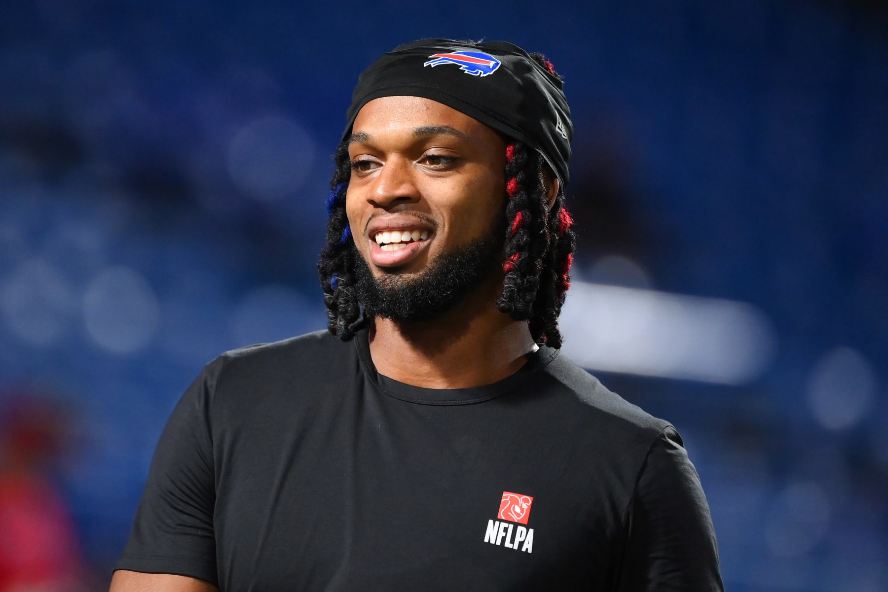 ORCHARD PARK, NEW YORK - OCTOBER 26: Damar Hamlin #3 of the Buffalo Bills looks on prior to a game against the Tampa Bay Buccaneers at Highmark Stadium on October 26, 2023 in Orchard Park, New York. (Photo by Rich Barnes/Getty Images)