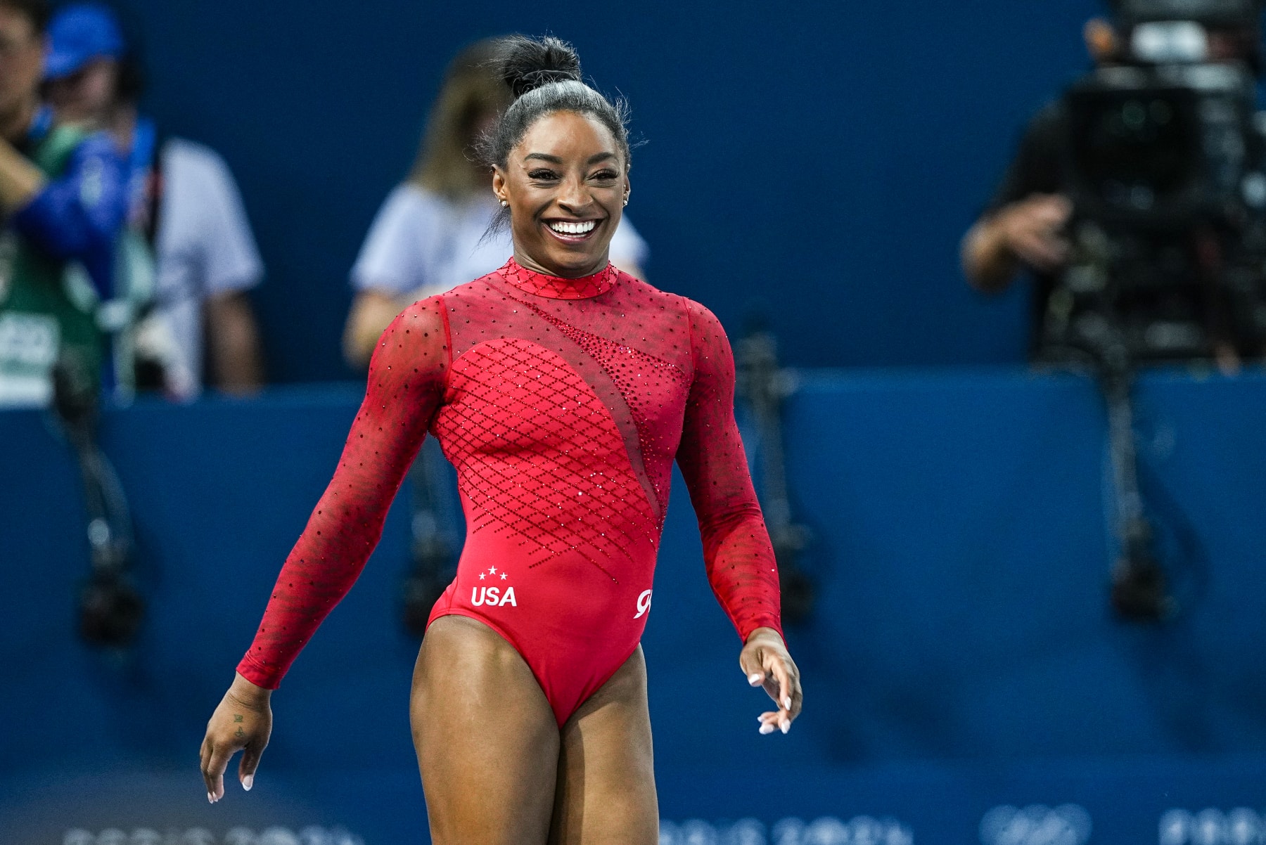 PARIS, FRANCE - AUGUST 03: Simone Biles of United States reacts during the Artistic Gymnastics Women's Vault Final on Bercy Arena during the Paris 2024 Olympics Games on August 3, 2024 in Paris, France. (Photo By Oscar Barroso/Europa Press via Getty Images) PARIS, FRANCE - AUGUST 03: Simone Biles of United States reacts during the Artistic Gymnastics Women's Vault Final on Bercy Arena during the Paris 2024 Olympics Games on August 3, 2024 in Paris, France. (Photo By Oscar Barroso/Europa Press via Getty Images)