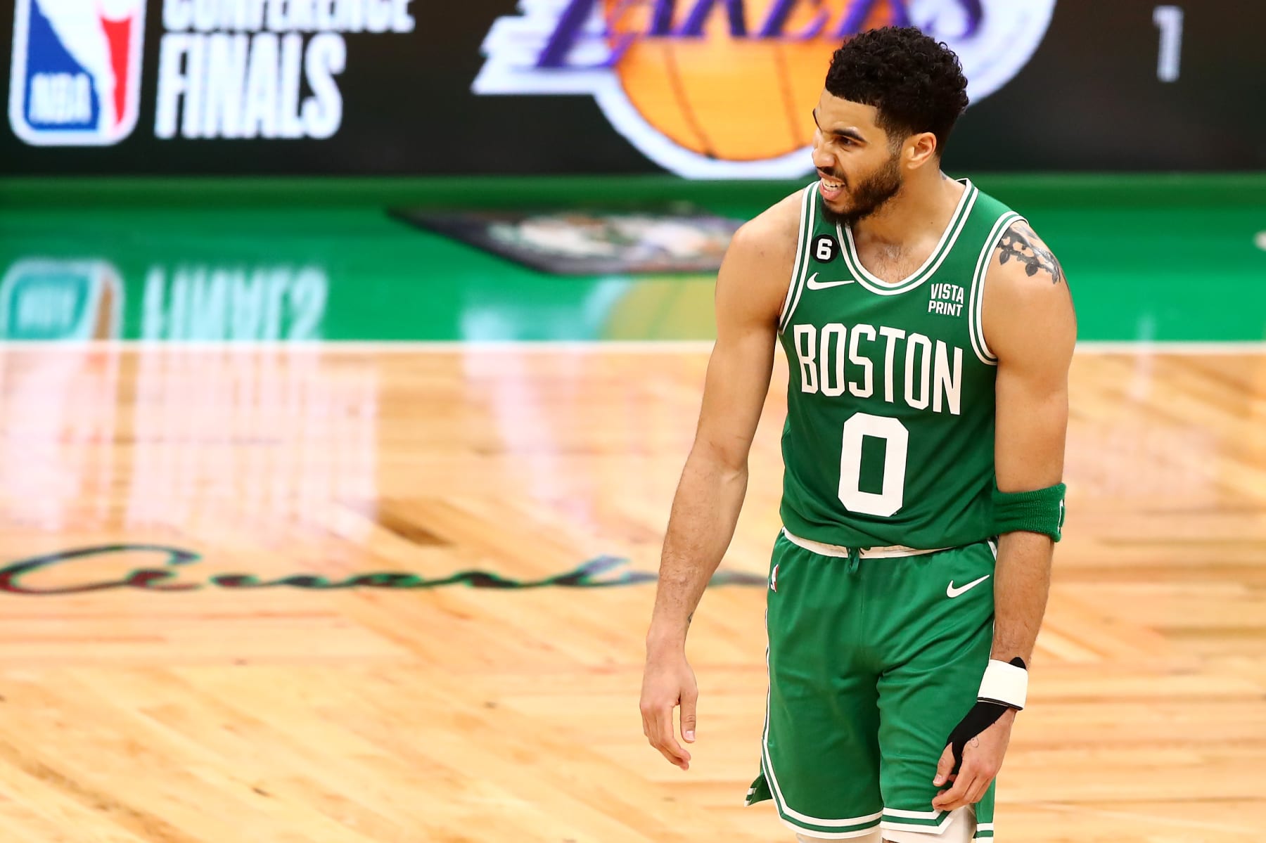 BOSTON, MASSACHUSETTS - MAY 14: Jayson Tatum #0 of the Boston Celtics reacts against the Philadelphia 76ers during the second quarter in game seven of the 2023 NBA Playoffs Eastern Conference Semifinals at TD Garden on May 14, 2023 in Boston, Massachusetts. NOTE TO USER: User expressly acknowledges and agrees that, by downloading and or using this photograph, User is consenting to the terms and conditions of the Getty Images License Agreement. (Photo by Adam Glanzman/Getty Images)