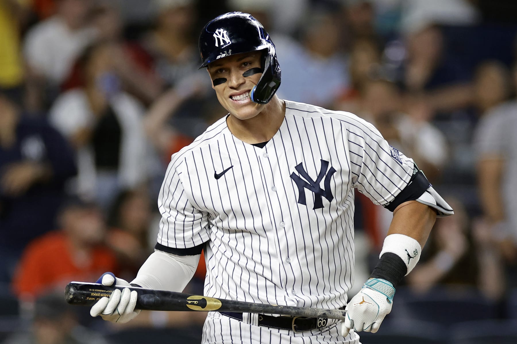 NEW YORK, NY - AUGUST 4: Aaron Judge #99 of the New York Yankees reacts after striking out against the Houston Astros during the seventh inning at Yankee Stadium on August 4, 2023 in New York City. (Photo by Adam Hunger/Getty Images)