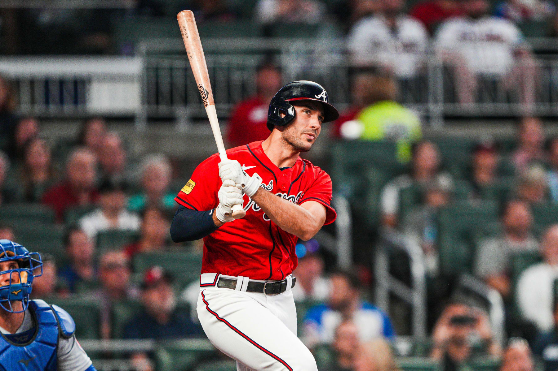 ATLANTA, GA - SEPTEMBER 28: Matt Olson #28 of the Atlanta Braves hits a home run during the first inning against the Chicago Cubs at Truist Park on September 28, 2023 in Atlanta, Georgia. (Photo by Matthew Grimes Jr./Atlanta Braves/Getty Images)