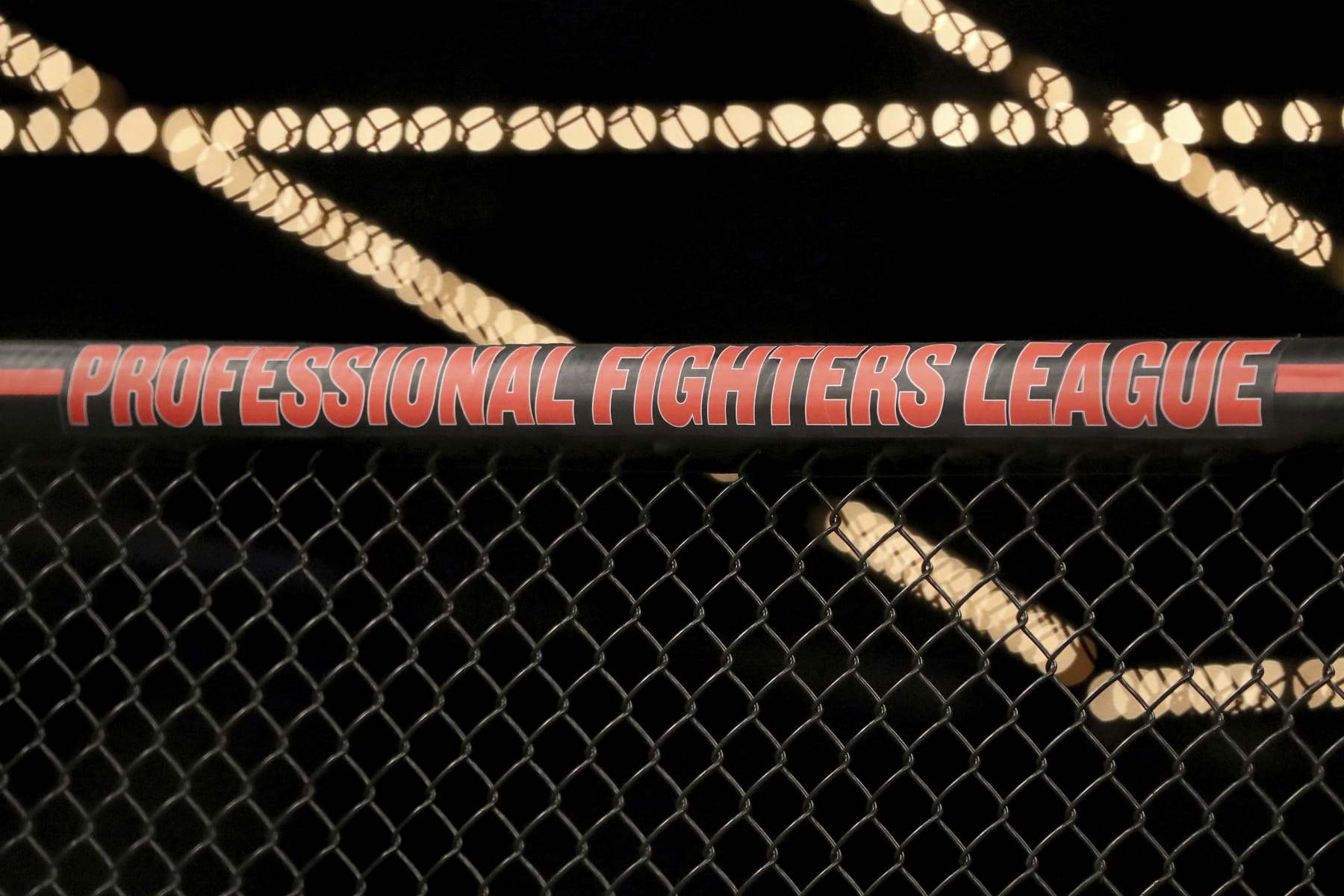 The Professional Fighters League logo is seen on the cage before a mixed martial arts bout at PFL 1, Thursday, June 7, 2018, at Madison Square Garden in New York. (AP Photo/Gregory Payan)