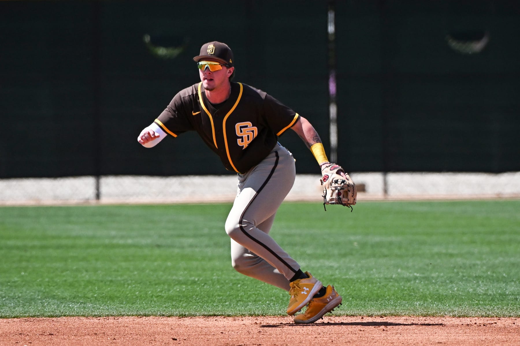 SURPRISE, ARIZONA - MARCH 24, 2023: Jackson Merrill #1 of the San Diego Padres in the field during a minor league spring training game against the Kansas City Royals at Surprise Stadium on March 24, 2023 in Surprise, Arizona. (Photo by Chris Bernacchi/Diamond Images via Getty Images)