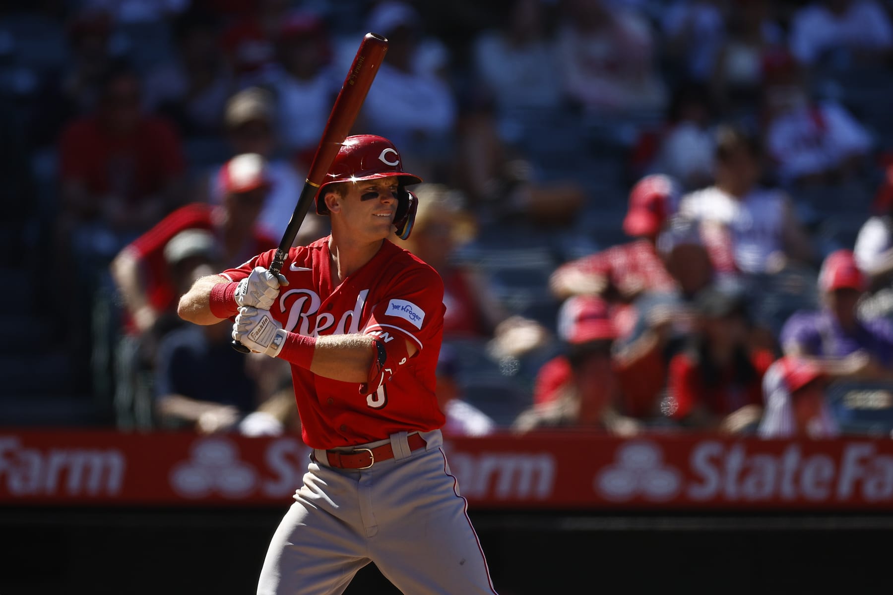 ANAHEIM, CALIFORNIA - AUGUST 23:   Matt McLain #9 of the Cincinnati Reds during game one of a doubleheader at Angel Stadium of Anaheim on August 23, 2023 in Anaheim, California. (Photo by Ronald Martinez/Getty Images)