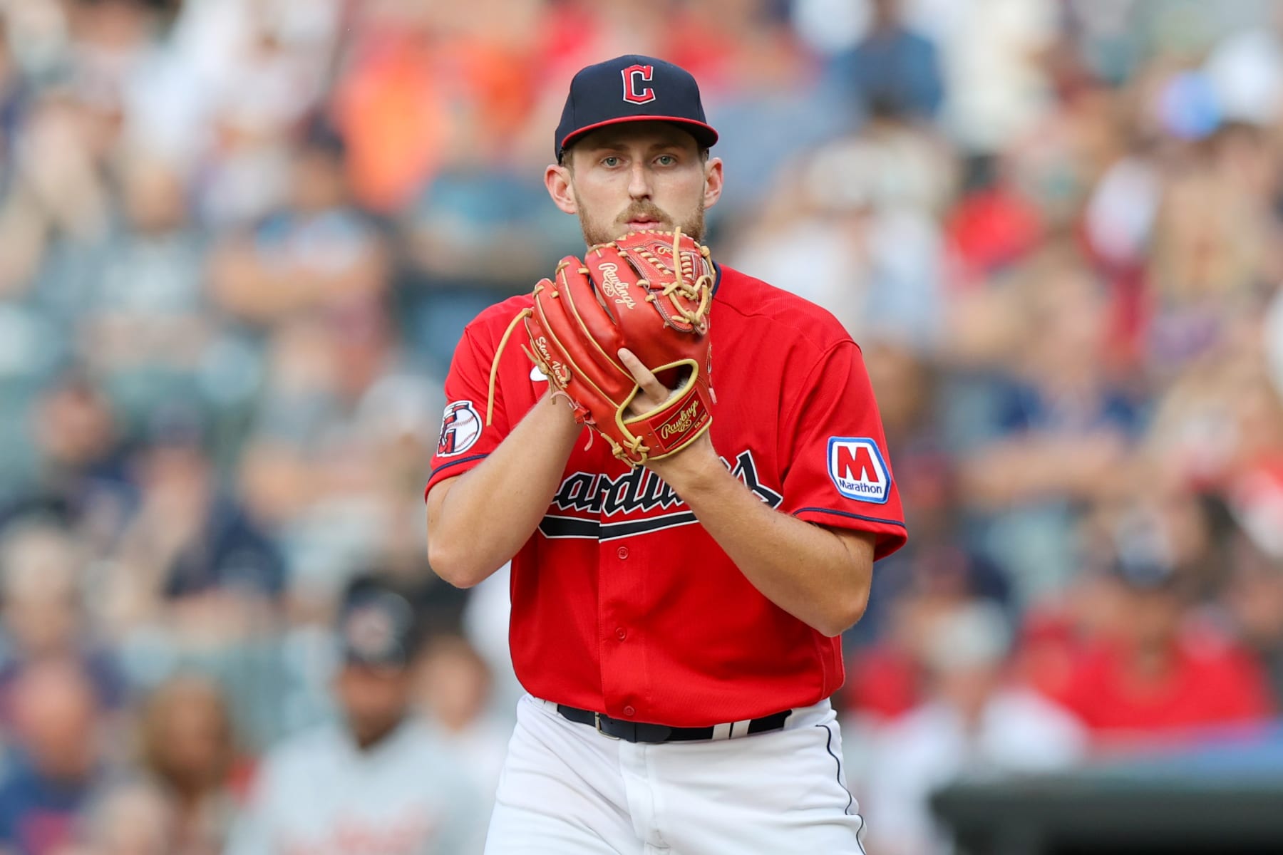 CLEVELAND, OH - AUGUST 19: Cleveland Guardians starting pitcher Tanner Bibee (61) on the mound during the first inning of the Major League Baseball game between the Detroit Tigers and Cleveland Guardians on August 19, 2023, at Progressive Field in Cleveland, OH. (Photo by Frank Jansky/Icon Sportswire via Getty Images)