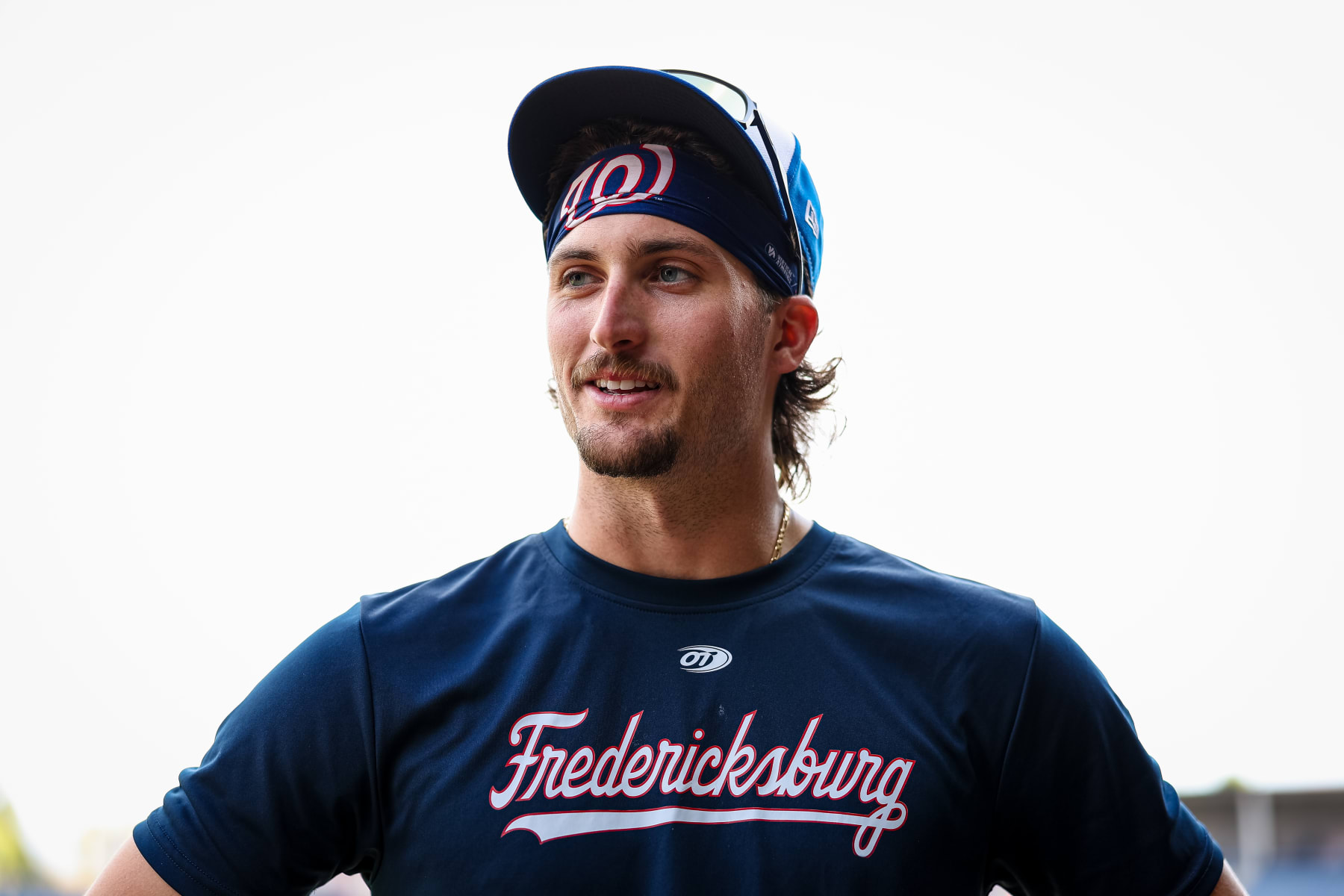 FREDERICKSBURG, VA - AUGUST 16: Dylan Crews #5 of the Fredericksburg Nationals reacts before the game against the Augusta GreenJackets at Virginia Credit Union Stadium in Fredericksburg, VA on August 16, 2023. (Photo by Scott Taetsch for The Washington Post via Getty Images)