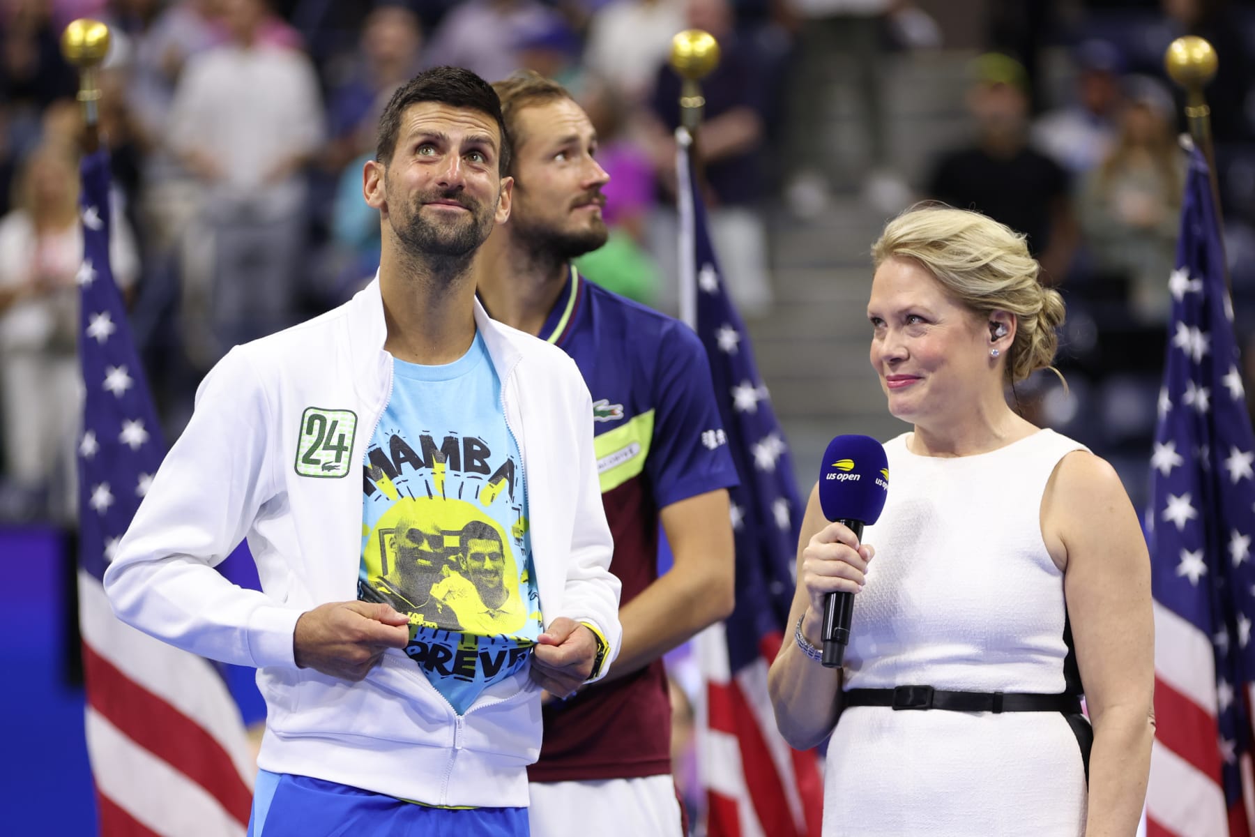 NEW YORK, NEW YORK - SEPTEMBER 10: Champion Novak Djokovic of Serbia is interviewed following his victory against Daniil Medvedev of Russia in their Men's Singles Final match on Day Fourteen of the 2023 US Open at the USTA Billie Jean King National Tennis Center on September 10, 2023 in the Flushing neighborhood of the Queens borough of New York City. (Photo by Clive Brunskill/Getty Images)