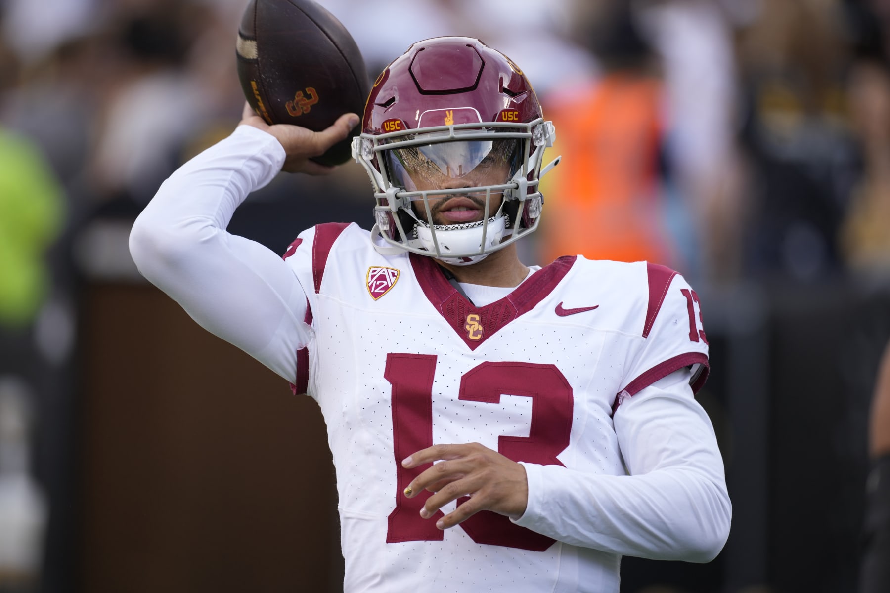 Southern California quarterback Caleb Williams warms up before an NCAA college football game against Colorado Saturday, Sept. 30, 2023, in Boulder, Colo. (AP Photo/David Zalubowski)