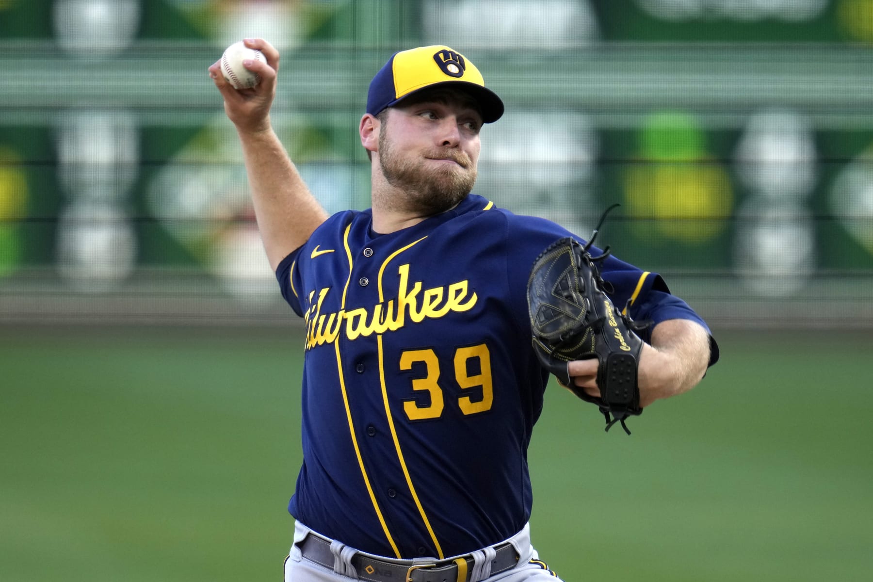 Milwaukee Brewers starting pitcher Corbin Burnes delivers during the second inning of a baseball game against the Pittsburgh Pirates in Pittsburgh, Monday, Sept. 4, 2023. (AP Photo/Gene J. Puskar)
