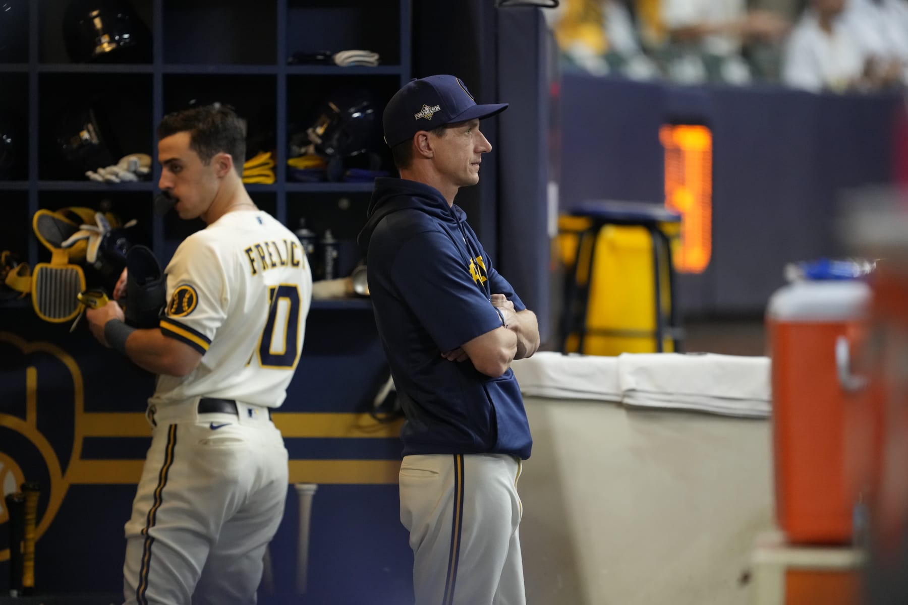 MILWAUKEE, WISCONSIN - OCTOBER 04: Milwaukee Brewers manager Craig Counsell looks on during the first inning against the Arizona Diamondbacks in Game Two of the Wild Card Series against the Arizona Diamondbacks at American Family Field on October 04, 2023 in Milwaukee, Wisconsin. (Photo by Patrick McDermott/Getty Images)