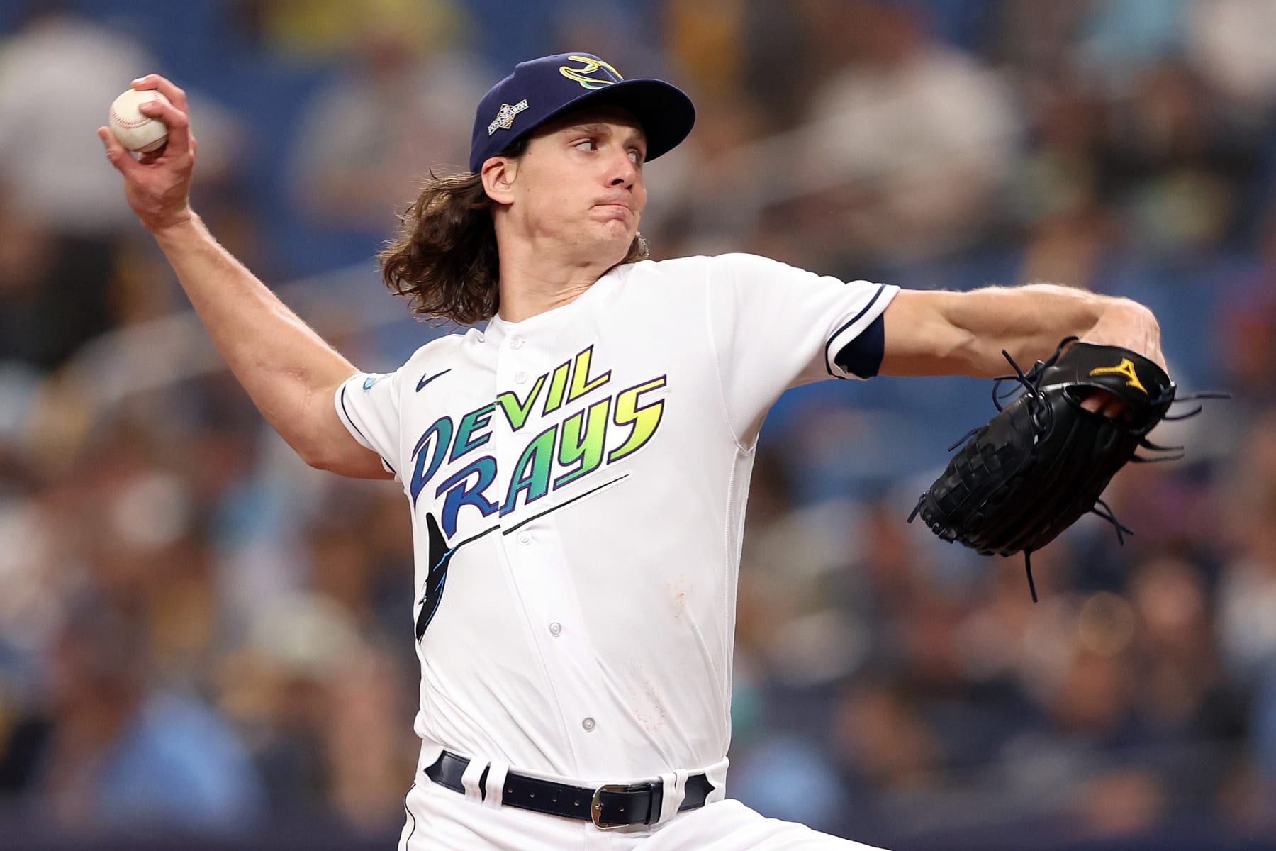ST PETERSBURG, FLORIDA - OCTOBER 03: Tyler Glasnow #20 of the Tampa Bay Rays pitches in the first inning against the Texas Rangers during Game One of the Wild Card Series at Tropicana Field on October 03, 2023 in St Petersburg, Florida. (Photo by Megan Briggs/Getty Images)