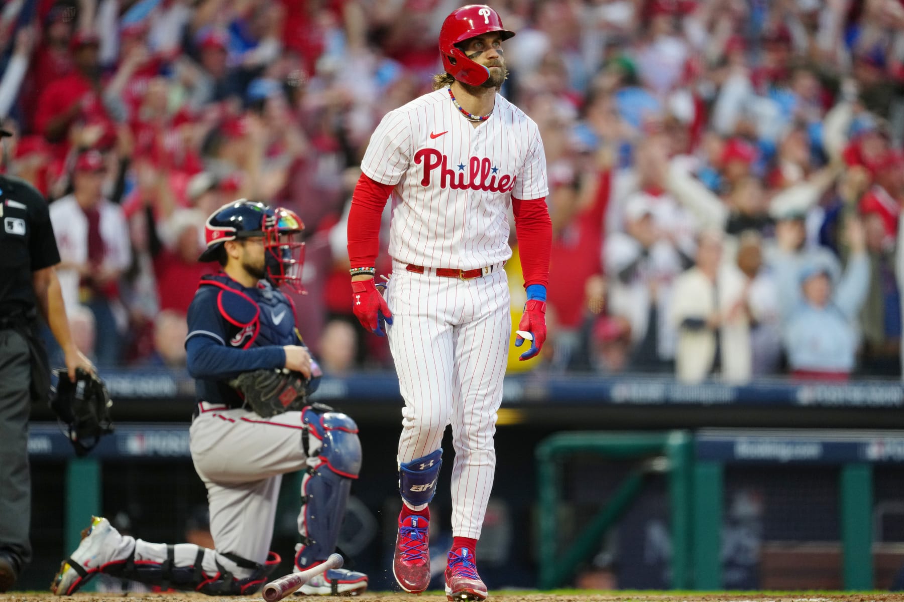 PHILADELPHIA, PA - OCTOBER 11:  Bryce Harper #3 of the Philadelphia Phillies hits a three-run home run in the third inning during Game 3 of the Division Series between the Atlanta Braves and the Philadelphia Phillies at Citizens Bank Park on Wednesday, October 11, 2023 in Philadelphia, Pennsylvania. (Photo by Mary DeCicco/MLB Photos via Getty Images)