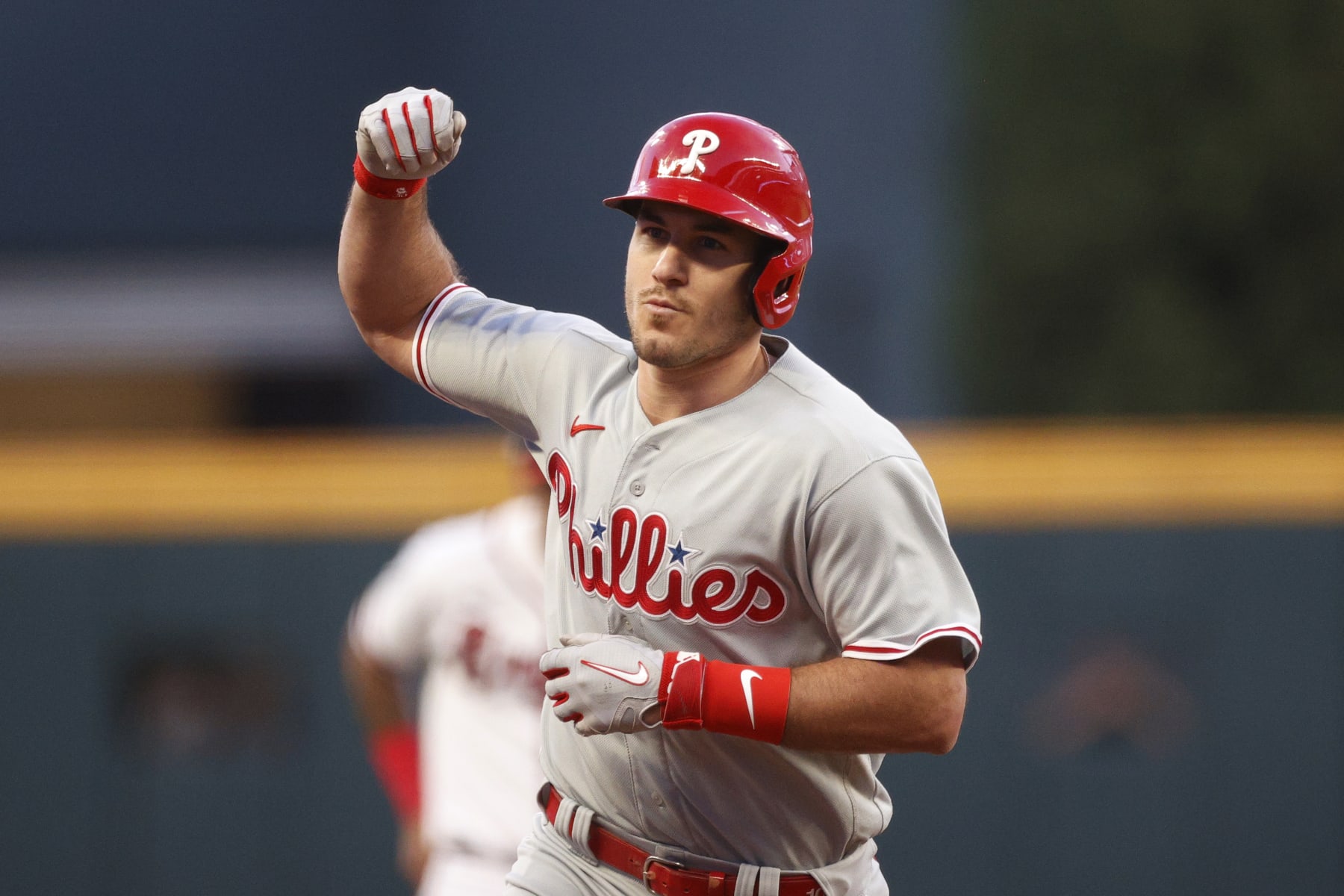 ATLANTA, GA - OCTOBER 09: Philadelphia Phillies catcher J.T. Realmuto #10 reacts after hitting a home run during game 2 of the NLDS between the Philadelphia Phillies and the Atlanta Braves on October 09, 2023 at TRUIST Park in Atlanta, GA. (Photo by Jeff Robinson/Icon Sportswire via Getty Images)