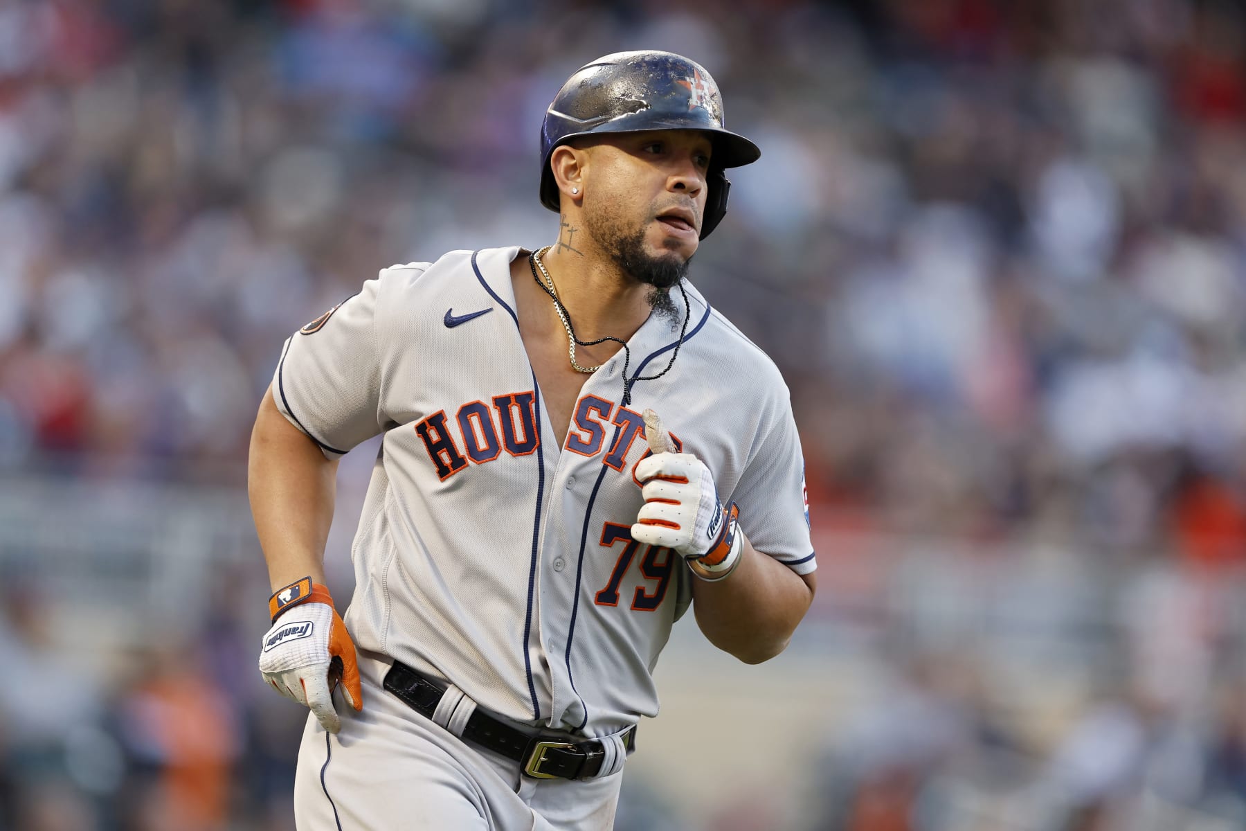 MINNEAPOLIS, MINNESOTA - OCTOBER 10: José Abreu #79 of the Houston Astros rounds the bases after hitting a home run in the ninth inning against the Minnesota Twins during Game Three of the Division Series at Target Field on October 10, 2023 in Minneapolis, Minnesota. (Photo by David Berding/Getty Images)