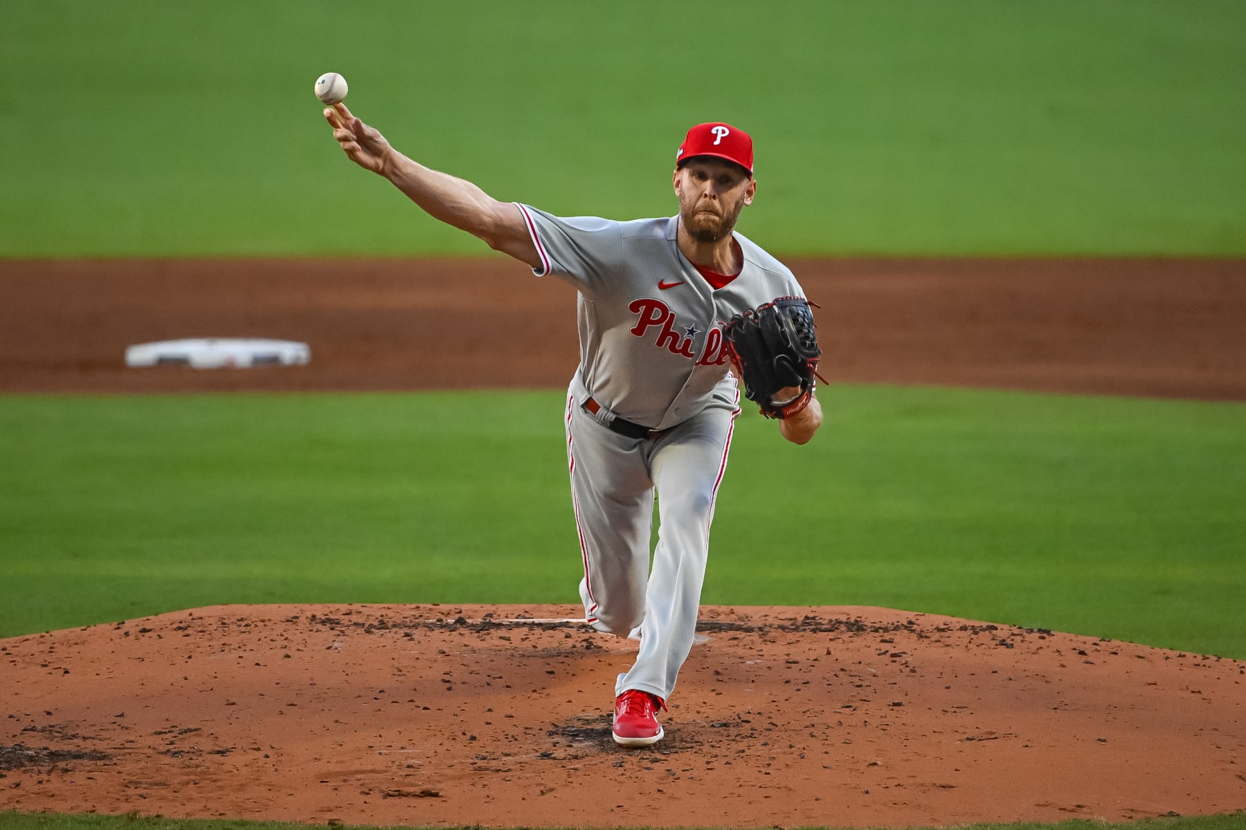 ATLANTA, GA - OCTOBER 09: Philadelphia Phillies starting pitcher Zack Wheeler (45) during the first inning of game 2 of the NLDS between the Philadelphia Phillies and Atlanta Braves on October 9, 2023, at Truist Park in Atlanta, GA. (Photo by John Adams/Icon Sportswire via Getty Images)