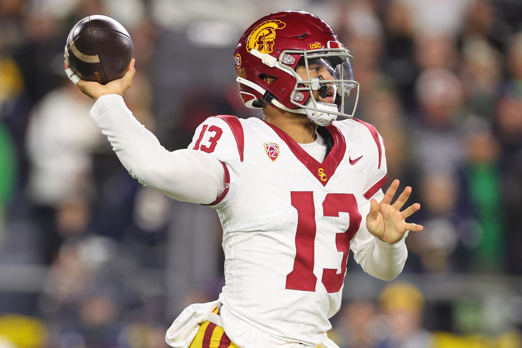 SOUTH BEND, INDIANA - OCTOBER 14: Caleb Williams #13 of the USC Trojans throws a pass against the Notre Dame Fighting Irish during the first half at Notre Dame Stadium on October 14, 2023 in South Bend, Indiana. (Photo by Michael Reaves/Getty Images)