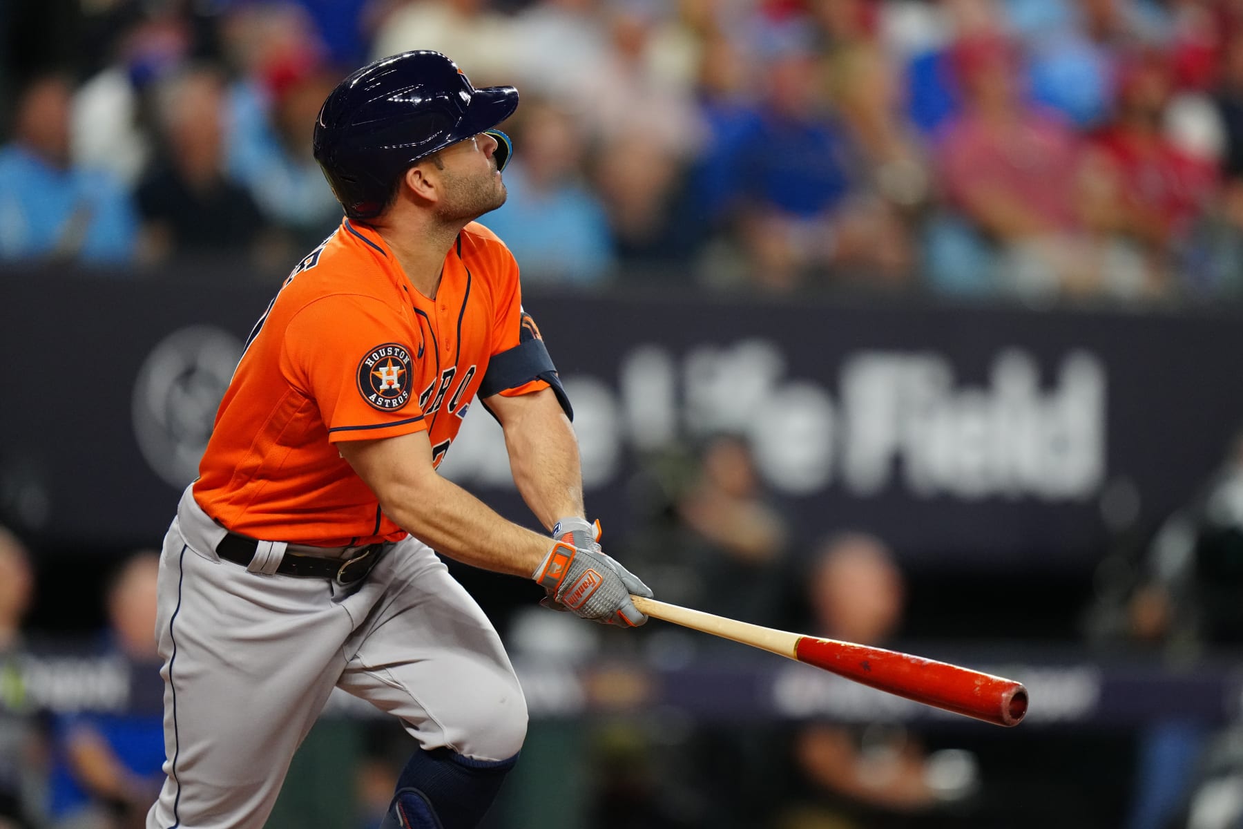 ARLINGTON, TX - OCTOBER 18: Jose Altuve #27 of the Houston Astros hits a home run during the third inning of Game 3 of the ALCS between the Houston Astros and the Texas Rangers at Globe Life Field on Wednesday, October 18, 2023 in Arlington, Texas. (Photo by Daniel Shirey/MLB Photos via Getty Images)