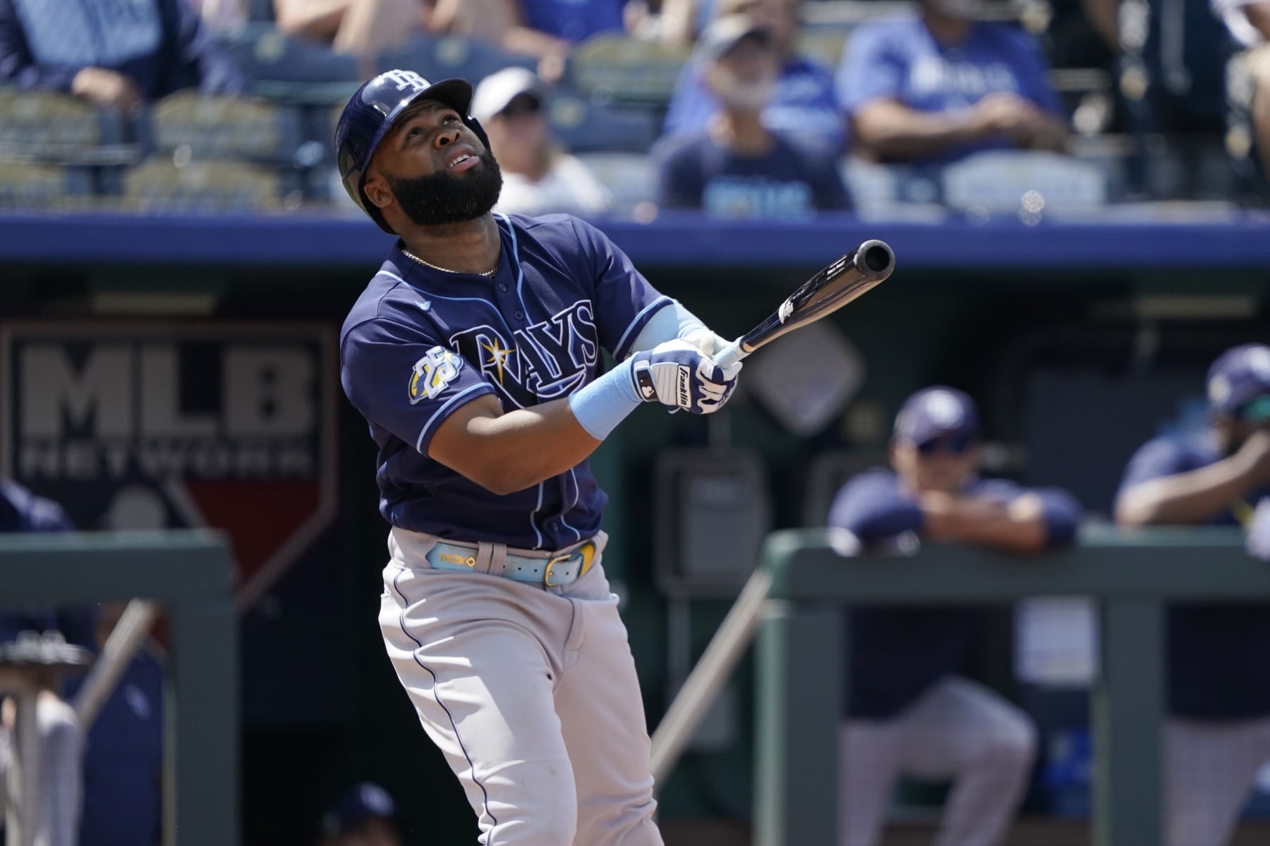 KANSAS CITY, MISSOURI - JULY 16:  Manuel Margot #13 of the Tampa Bay Rays hits in the eighth inning inning against the Kansas City Royals at Kauffman Stadium on July 16, 2023 in Kansas City, Missouri. (Photo by Ed Zurga/Getty Images)
