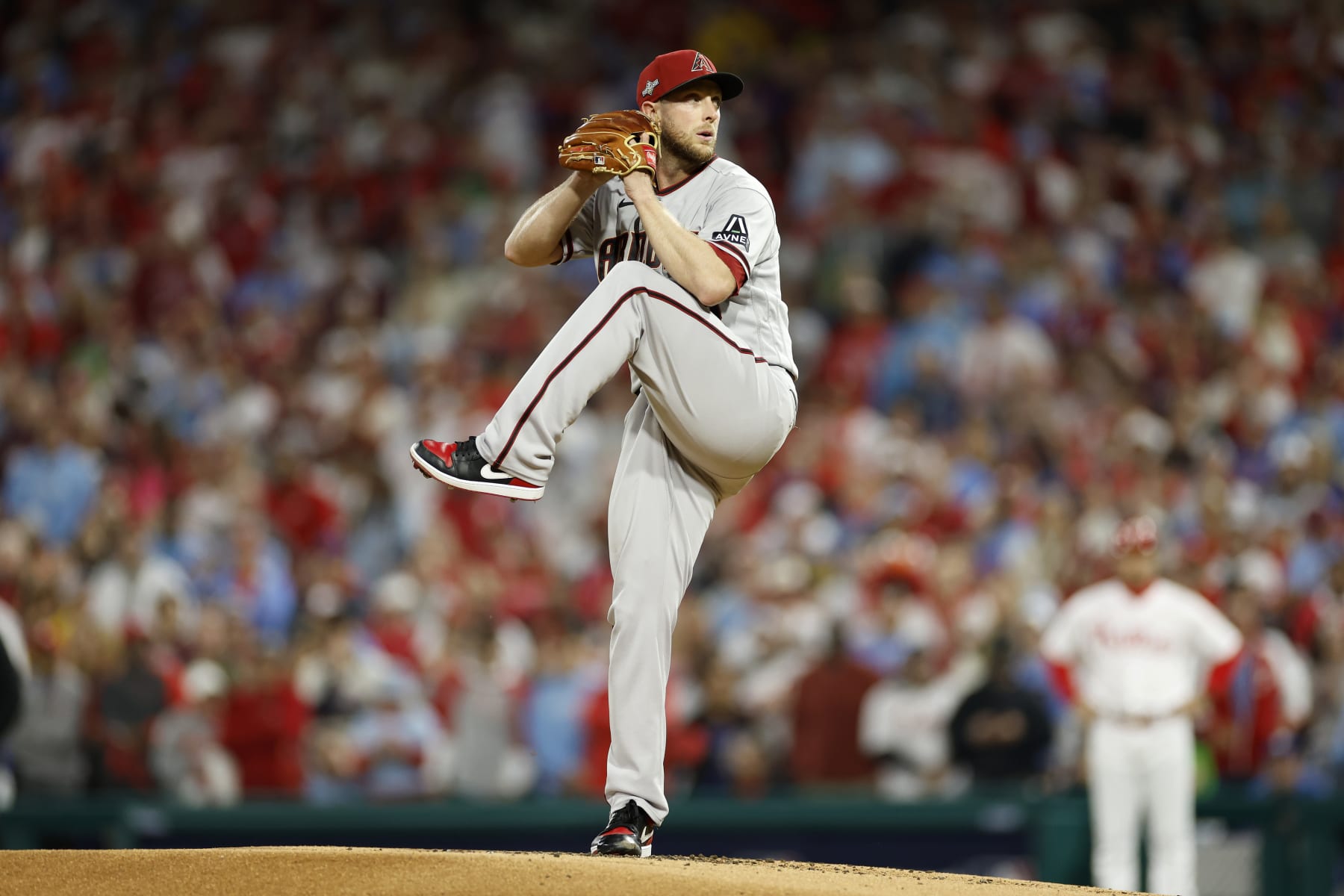 PHILADELPHIA, PENNSYLVANIA - OCTOBER 17: Merrill Kelly #29 of the Arizona Diamondbacks throws a first inning pitch against the Philadelphia Phillies during Game Two of the Championship Series at Citizens Bank Park on October 17, 2023 in Philadelphia, Pennsylvania. (Photo by Sarah Stier/Getty Images)