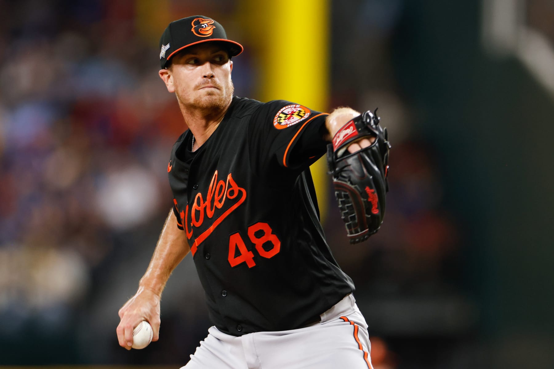 ARLINGTON, TX - OCTOBER 10:   Kyle Gibson #48 of the Baltimore Orioles pitches during Game 3 of the Division Series between the Baltimore Orioles and the Texas Rangers at Globe Life Field on Tuesday, October 10, 2023 in Arlington, Texas. (Photo by Ron Jenkins/MLB Photos via Getty Images)