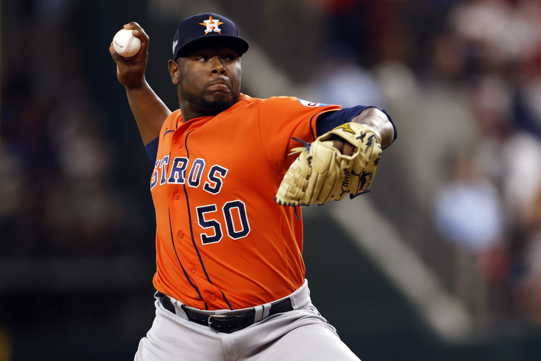 ARLINGTON, TX - OCTOBER 20: Hector Neris #50 of the Houston Astros pitches in the sixth inning during Game 5 of the ALCS between the Houston Astros and the Texas Rangers at Globe Life Field on Friday, October 20, 2023 in Arlington, Texas. (Photo by Ron Jenkins/MLB Photos via Getty Images)