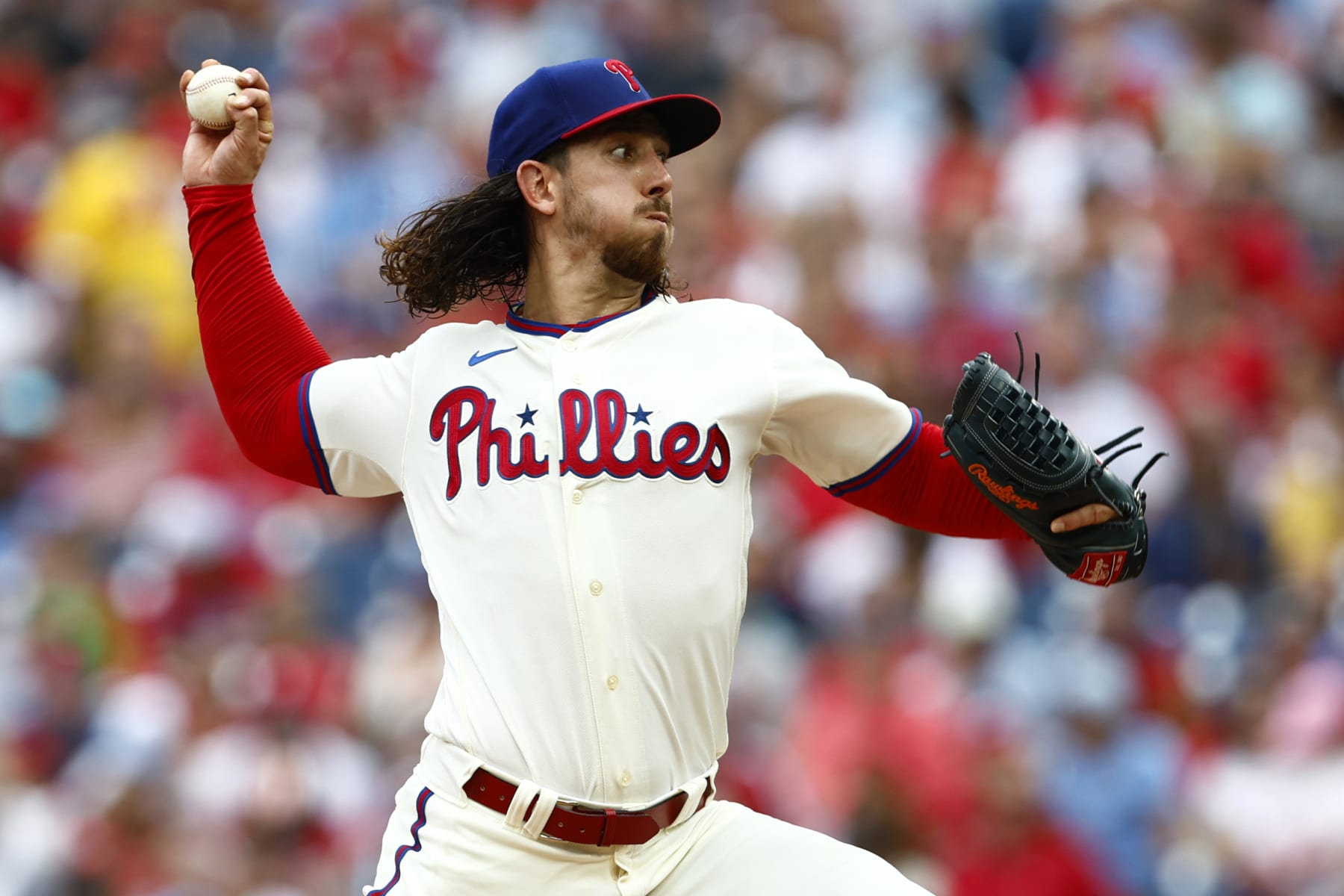 PHILADELPHIA, PENNSYLVANIA - AUGUST 23:  Michael Lorenzen #22 of the Philadelphia Phillies in action against the San Francisco Giants during a game at Citizens Bank Park on August 23, 2023 in Philadelphia, Pennsylvania. (Photo by Rich Schultz/Getty Images)