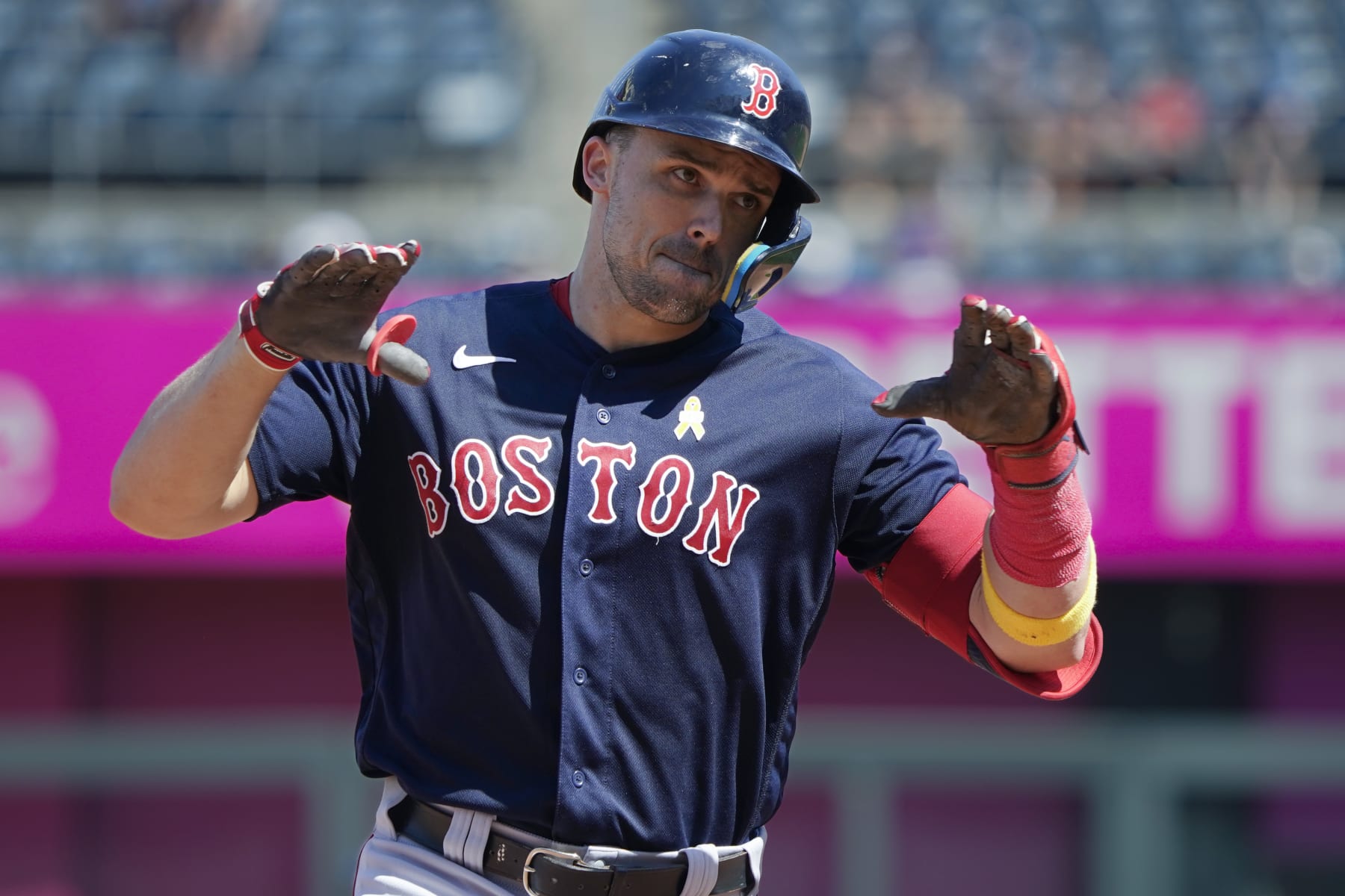 KANSAS CITY, MISSOURI - SEPTEMBER 03:  Adam Duvall #18 of the Boston Red Sox celebrates a home run as he runs the bases in the sixth inning against the Kansas City Royals at Kauffman Stadium on September 03, 2023 in Kansas City, Missouri. (Photo by Ed Zurga/Getty Images)