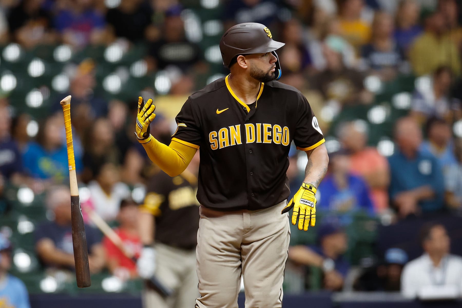 MILWAUKEE, WISCONSIN - AUGUST 25: Gary Sanchez #99 of the San Diego Padres hits a two-run homer in the ninth inning against the Milwaukee Brewers at American Family Field on August 25, 2023 in Milwaukee, Wisconsin. (Photo by John Fisher/Getty Images)