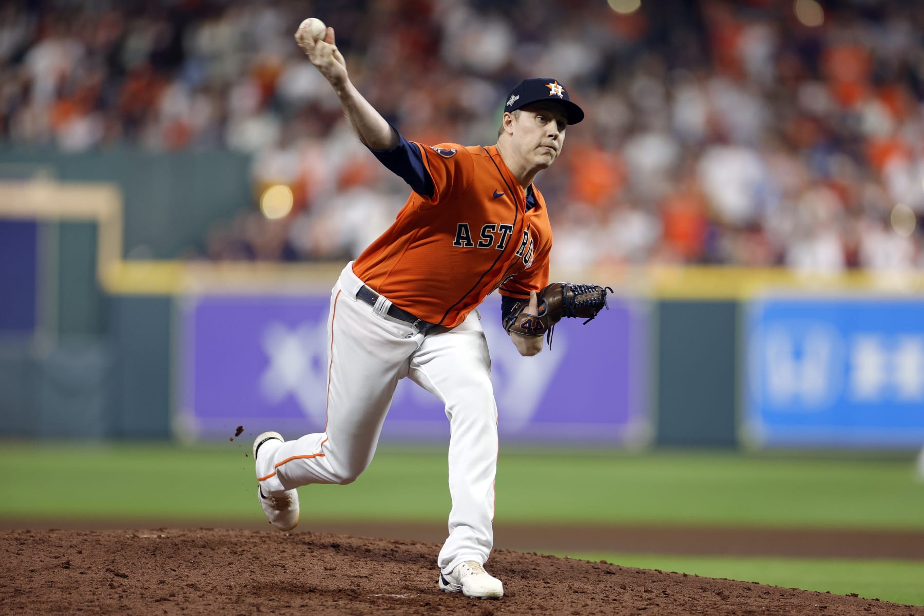 HOUSTON, TEXAS - OCTOBER 22: Phil Maton #88 of the Houston Astros throws a pitch against the Texas Rangers during the sixth inning in Game Six of the American League Championship Series at Minute Maid Park on October 22, 2023 in Houston, Texas. (Photo by Carmen Mandato/Getty Images)