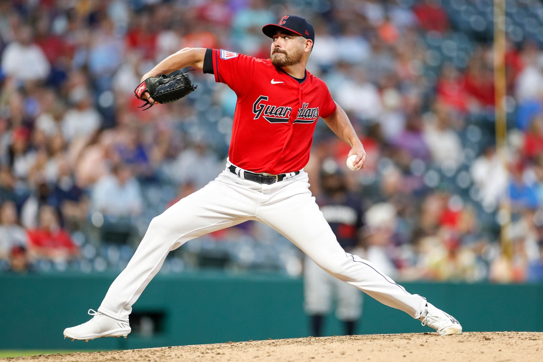 CLEVELAND, OHIO - SEPTEMBER 5: Matt Moore #55 of the Cleveland Guardians throws a pitch during the fifth inning against the Minnesota Twins at Progressive Field on September 5, 2023 in Cleveland, Ohio. (Photo by Brandon Sloter/Image Of Sport/Getty Images)
